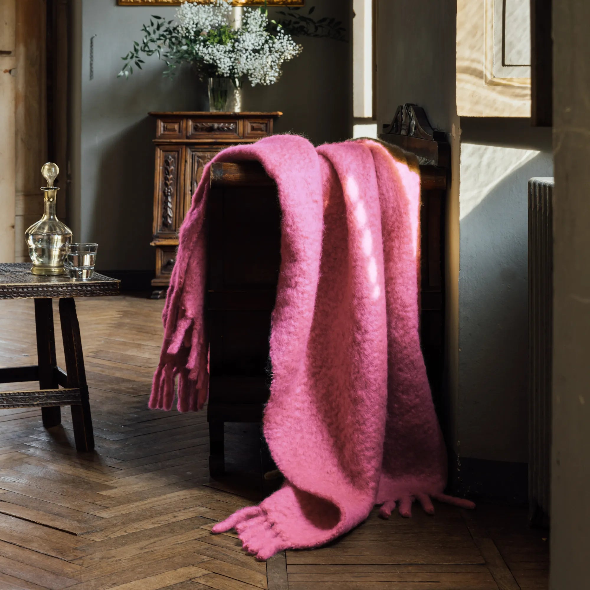 Chunky Mohair Blanket in soft, luxurious cream color, perfect for cozy nights