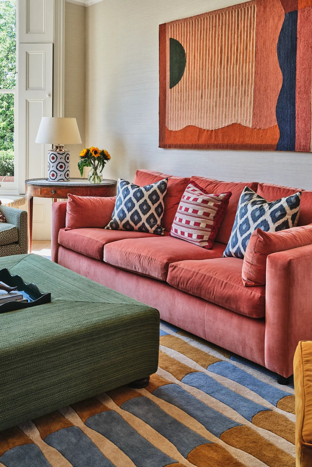 Layered Bamboo Forest Wool Rug, featuring a modern abstract design with blue, gold, and light brown organic stripe patterns. This stylish wool area rug enhances contemporary living spaces.