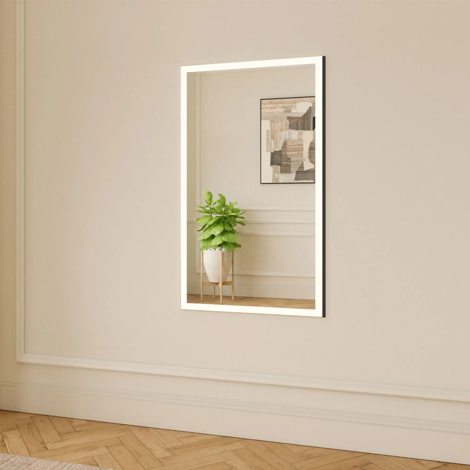 Large rectangular full length mirror with built-in LED lights for added illumination