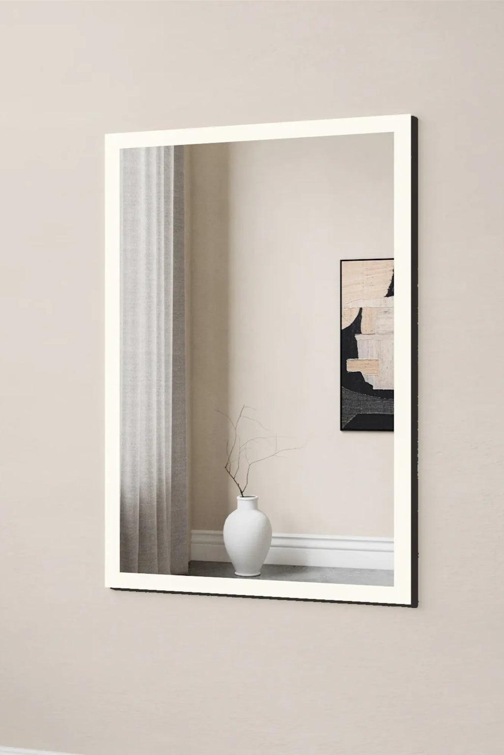 TCL Studios Full Lux Mirror With LED Lights, a modern rectangular glass mirror featuring bright integrated LED lights along its perimeter for clear, even illumination, set in a sleek black frame. This contemporary backlit mirror is perfect as a stylish bathroom vanity mirror, bedroom dressing mirror, or for a minimalist entryway.