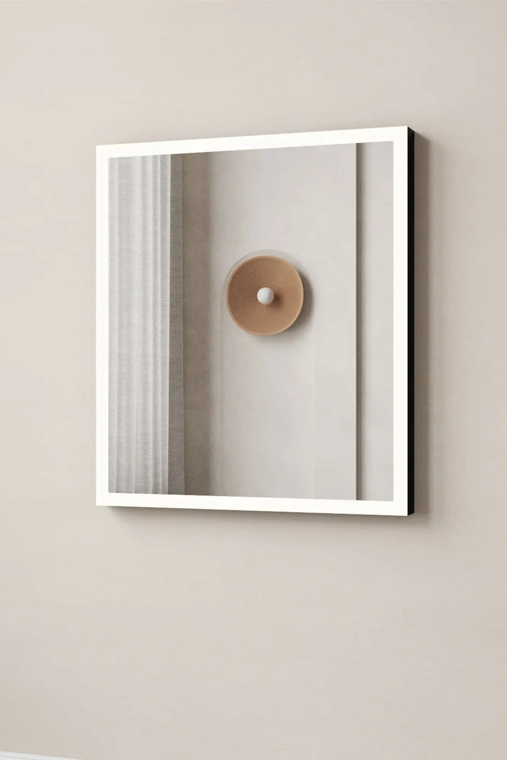 TCL Studios Full Lux Mirror With LED Lights, a square modern minimalist mirror featuring bright white LED illumination around its perimeter and a sleek white frame with a black backing. This contemporary LED lighted mirror is perfect for modern bathrooms, vanity areas, or minimalist living spaces.