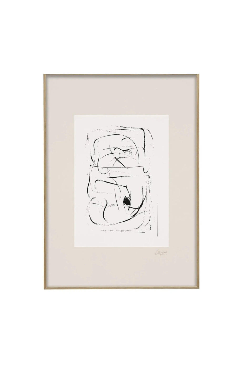 The Poster Club L' Univers - Art Print, featuring a minimalist abstract design with thick, textured black lines on a white background, framed in natural light oak with a beige mat. This modern gallery-quality poster is perfect for enhancing contemporary living spaces or offices.