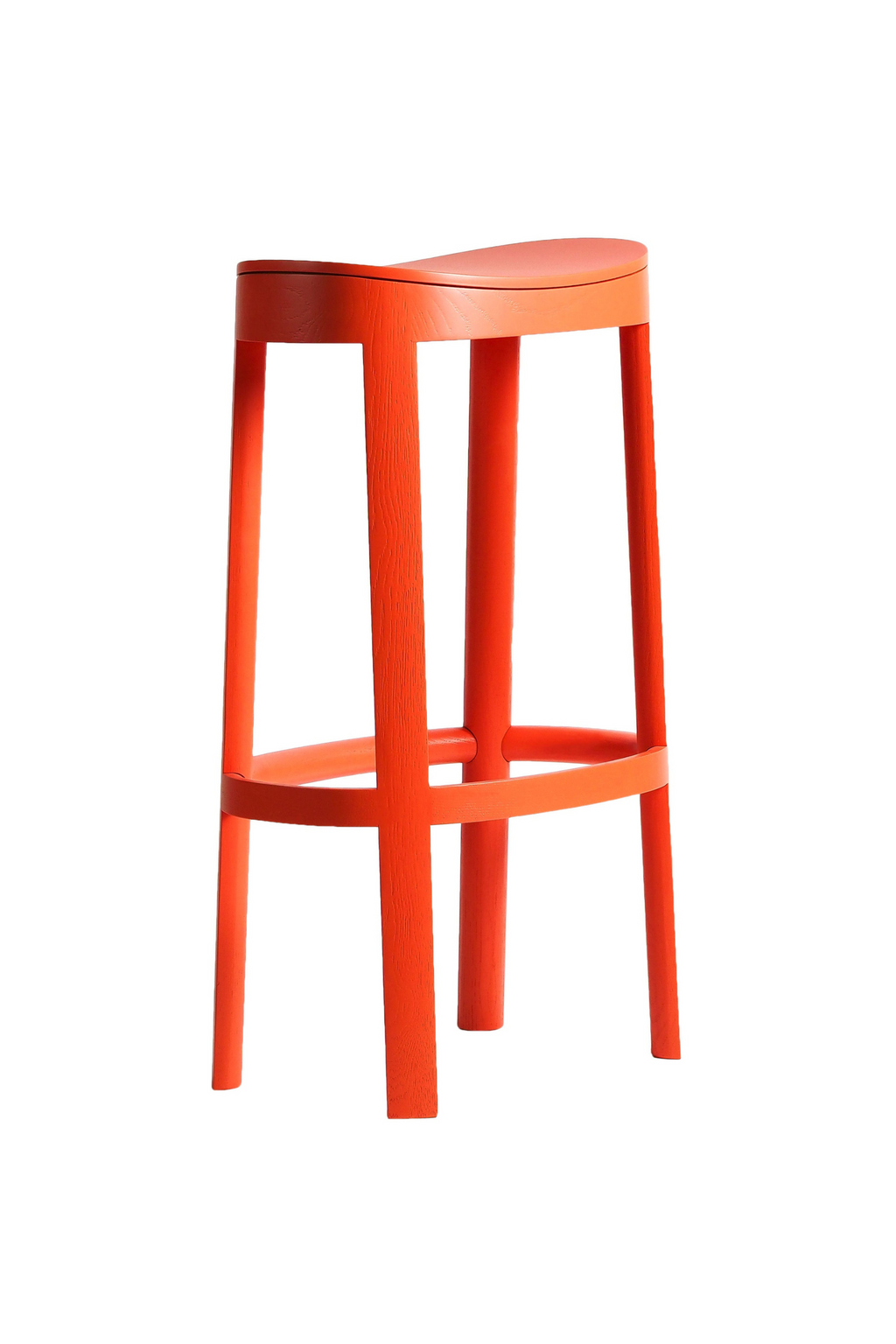 Made by Choice Lammi Bar Stool in a vibrant, modern orange finish, featuring a contoured seat and four sturdy, straight legs with footrests, displayed on a clean white background.