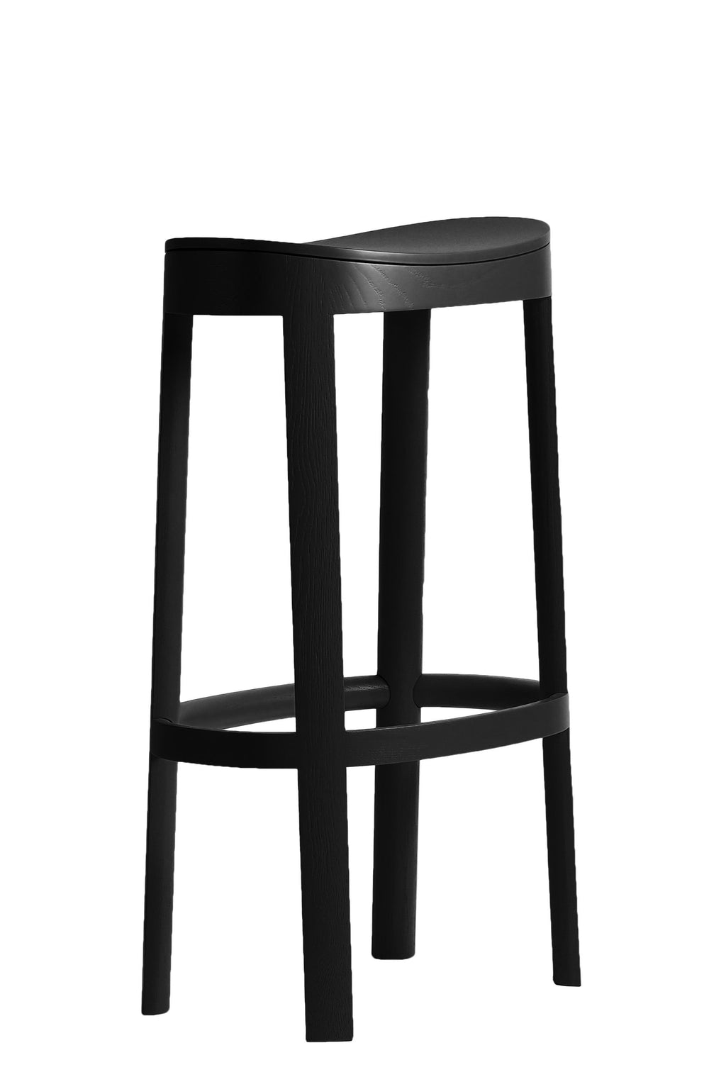 Made by Choice Lammi Bar Stool, a sleek modern bar stool crafted from solid black wood with a visible grain texture. It features a gracefully curved saddle seat and sturdy, tapered legs connected by a round footrest for ergonomic comfort. Perfect as a minimalist kitchen island stool or a contemporary dining bar stool for Scandinavian or modern interiors.