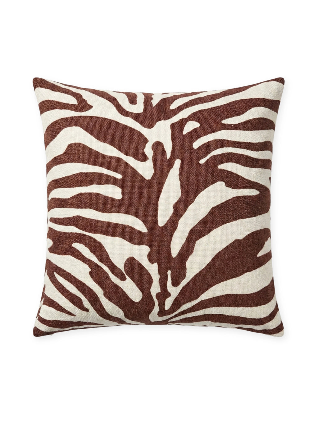 Tinted Objects Lange Throw Pillow, featuring a bold brown and cream zebra stripe pattern on textured fabric. This stylish decorative cushion adds a modern touch to any sofa or bed for contemporary home decor enthusiasts.