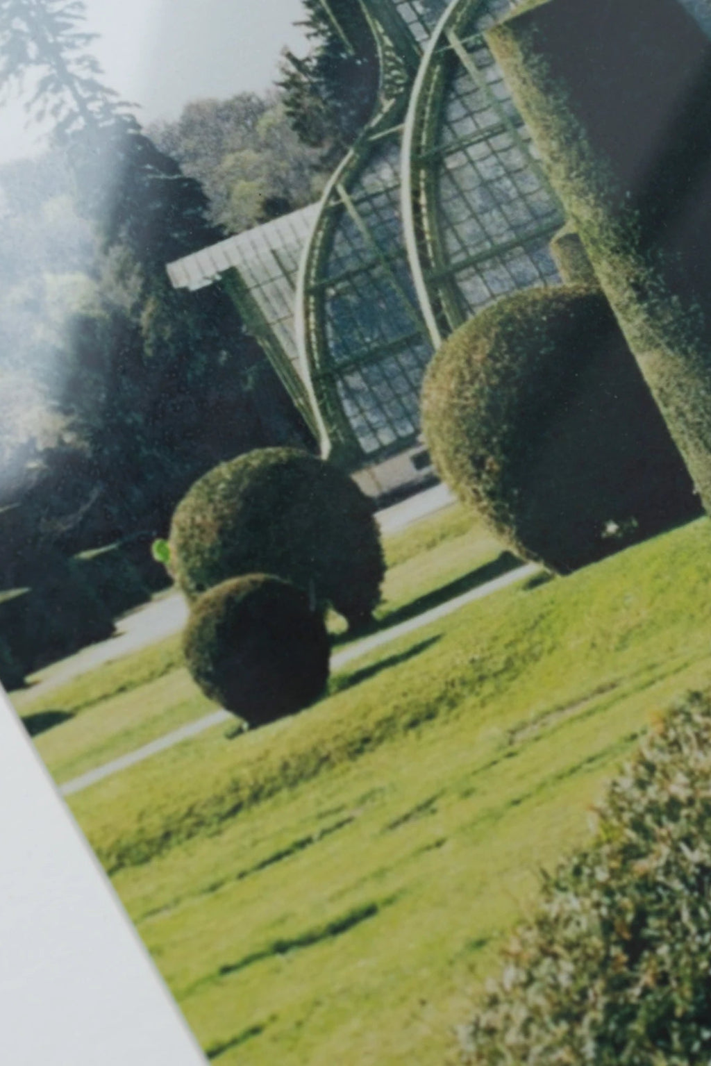 The Poster Club Topiary, a classic garden art print featuring lush green manicured lawns, perfectly sculpted spherical and cylindrical topiaries, and the elegant arched architecture of a grand greenhouse in the background.