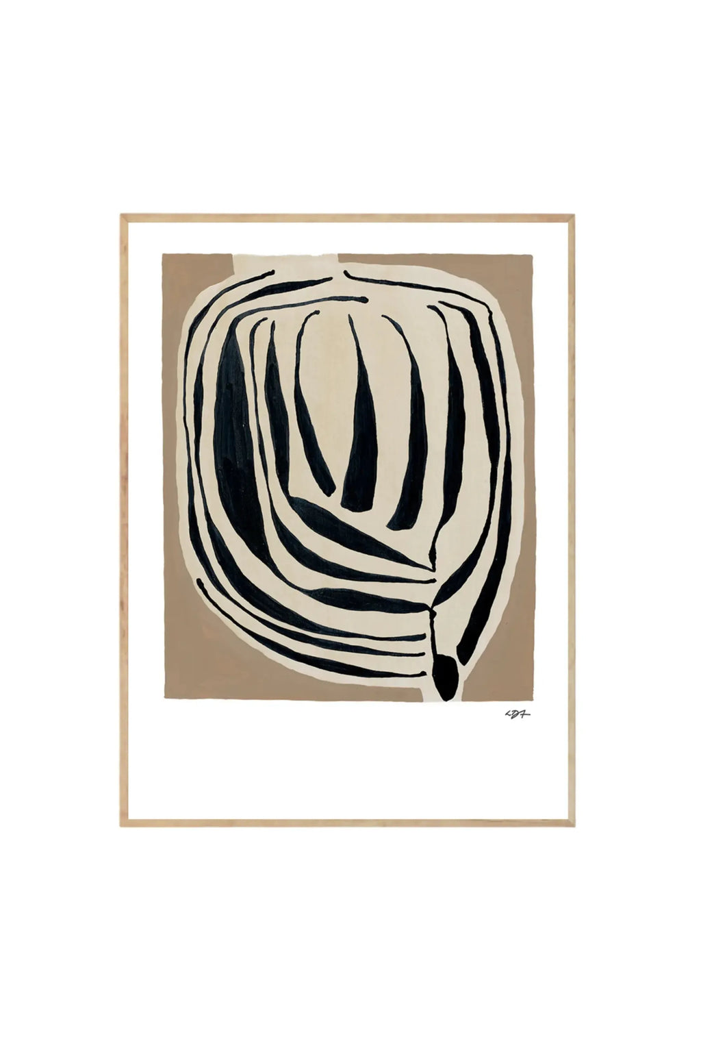 The Poster Club Layered - Art Print, a modern abstract poster featuring bold black and beige organic shapes, encased in a stylish light natural wood frame. This contemporary wall decor is perfect for art enthusiasts looking to enhance their living space with unique, artistic prints.