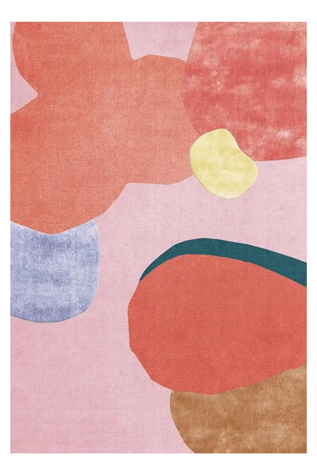 Layered Flower Field Wool Rug, a modern abstract area rug featuring large organic shapes in vibrant coral, blush pink, light blue, yellow, and deep teal on a pink background. Perfect for adding a p...