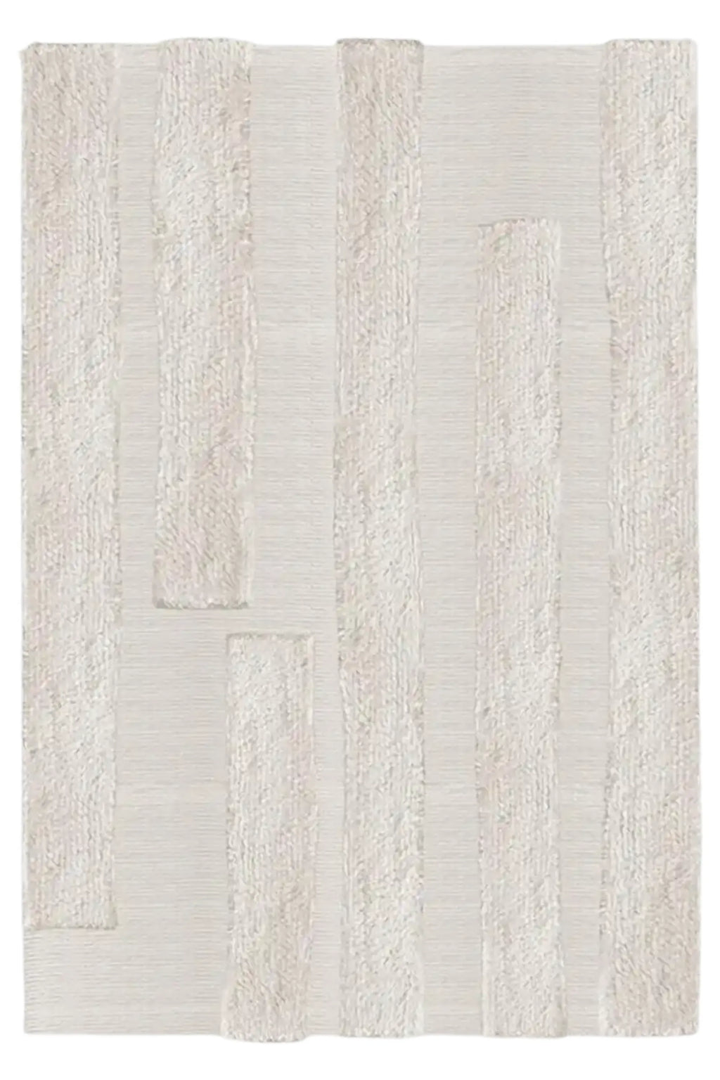Layered Punja Bricks Wool Rug, a modern off-white area rug with a textured, raised "brick" pattern in soft pure wool. Perfect for adding contemporary warmth and style to living rooms or bedrooms.