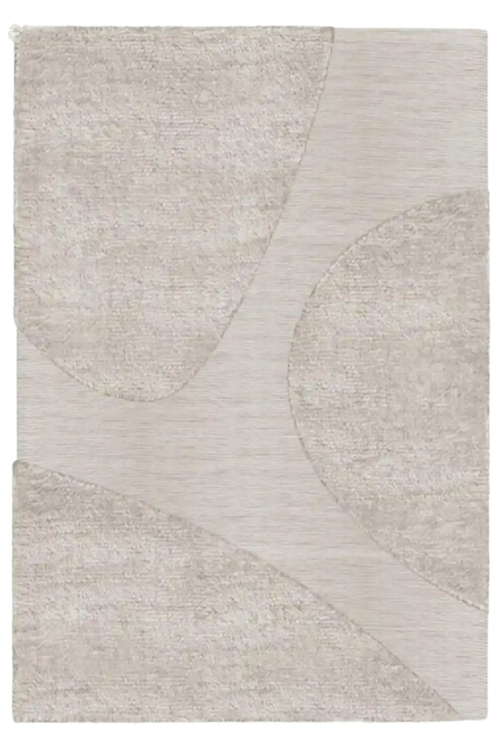 Layered Punja Plasma Wool Rug, a rectangular cream-colored area rug with an abstract modern pattern featuring textured and smooth sections. Perfect for contemporary living room or bedroom decor.