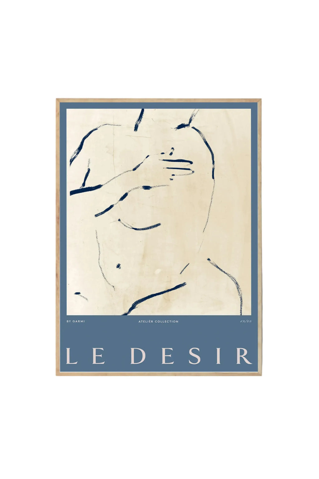 The Poster Club Le Desir - Art Print, featuring an abstract charcoal sketch of a torso on an off-white background, framed by a muted blue border and a natural light wood frame. This elegant art print is ideal for contemporary home decor enthusiasts looking to add a sophisticated, minimalist touch to their living space.
