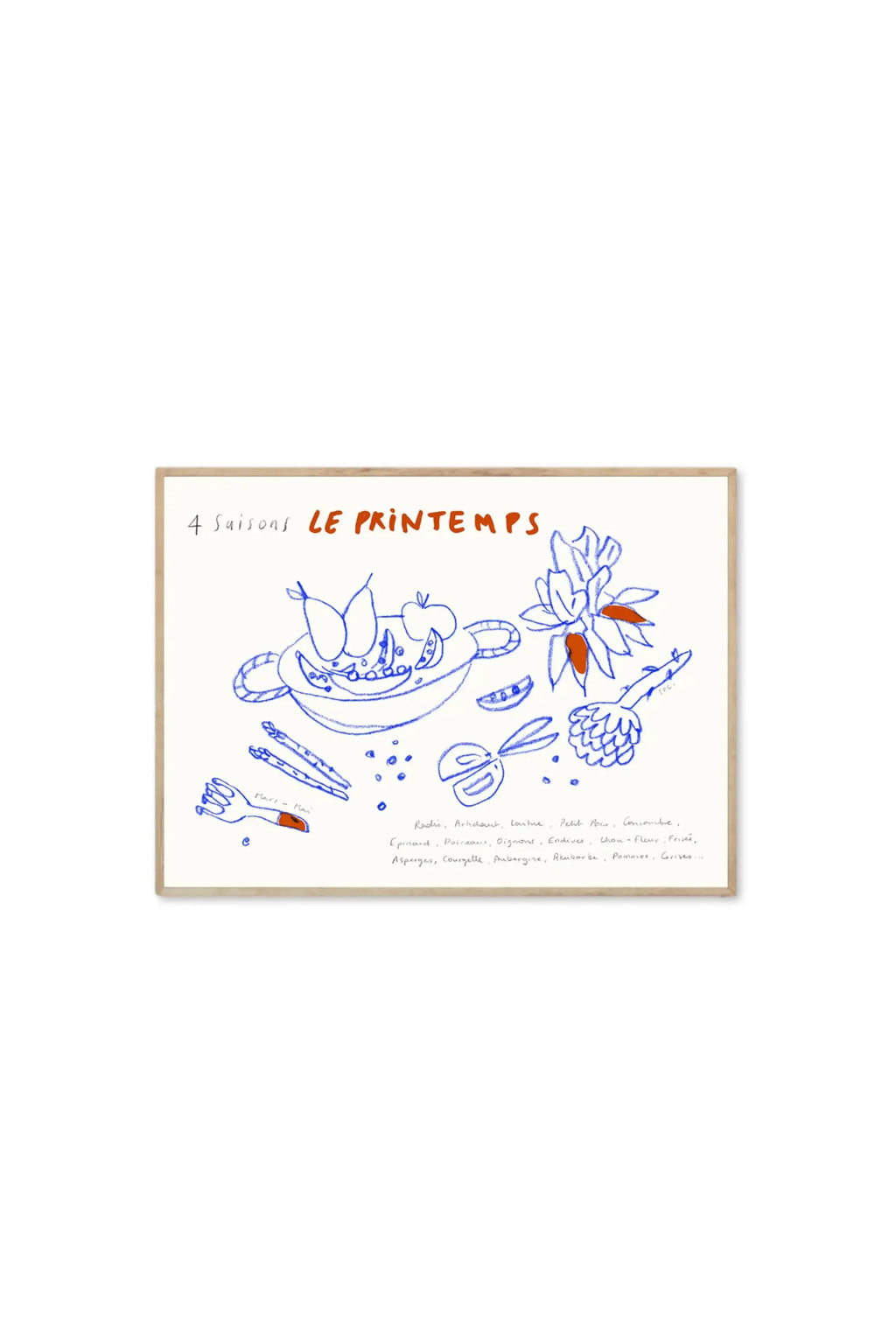 The Poster Club Le Printemps - Art Print, featuring a playful blue and orange sketch of spring vegetables and fruits on a crisp white background, framed in light wood. This vibrant, modern poster is perfect for adding a fresh, artistic touch to contemporary kitchen or dining room decor.