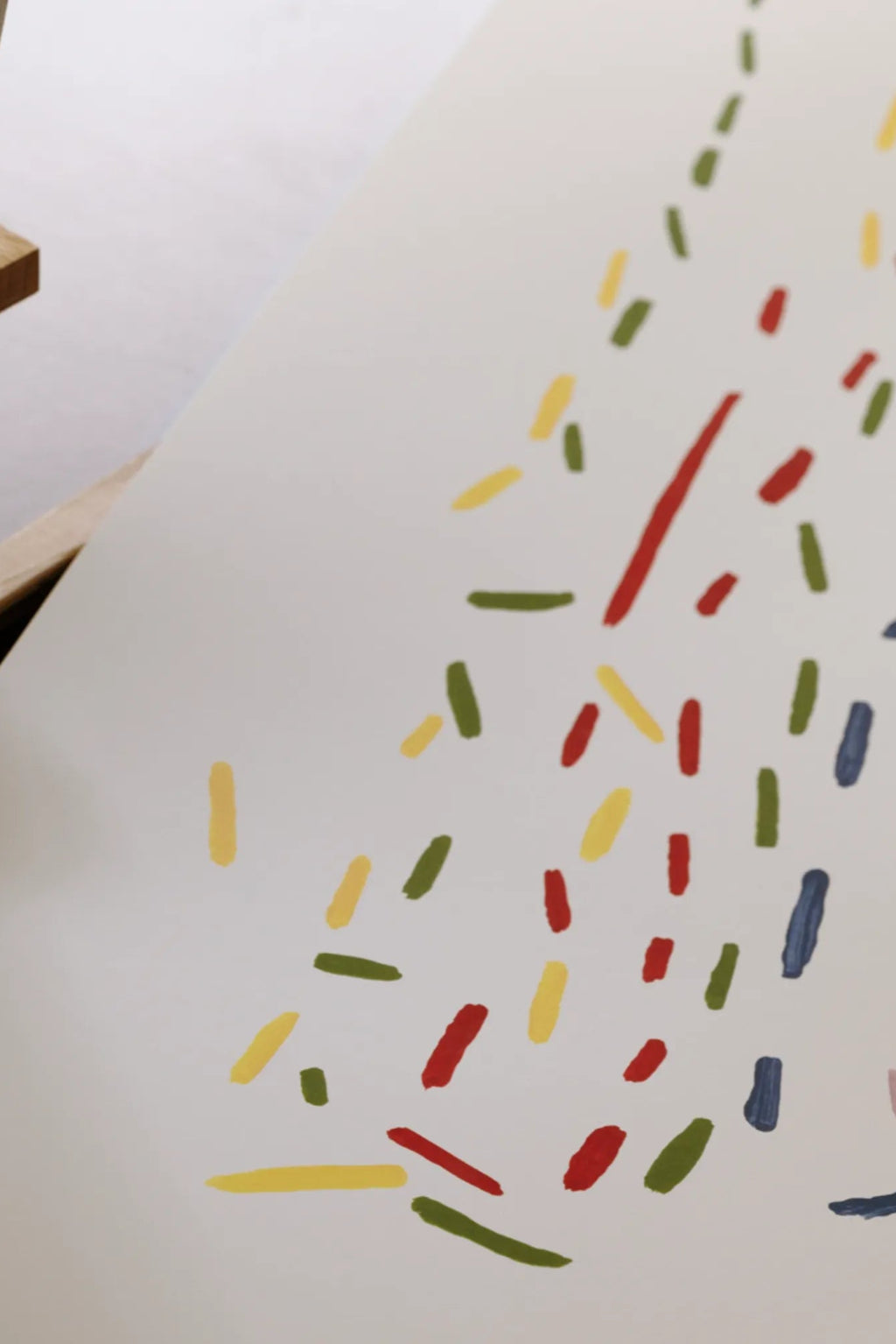 The Poster Club 1 – 2 – Many - Art Print, close-up of abstract colorful brushstrokes in red, yellow, green, and blue on white paper.