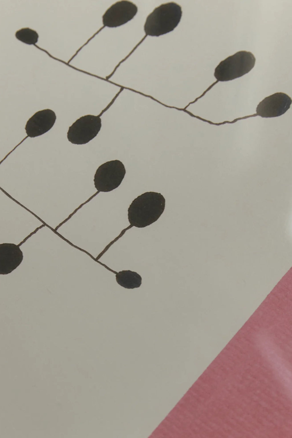 The Poster Club Pink Surrender, a minimalist botanical art print featuring delicate, dark brown, hand-drawn branches with abstract oval berry-like shapes, set against a light off-white background, subtly accented by a soft pink wash in the bottom right corner. This contemporary abstract poster is ideal for organic modern gallery walls, Scandinavian living room decor, or minimalist bedroom styling.
