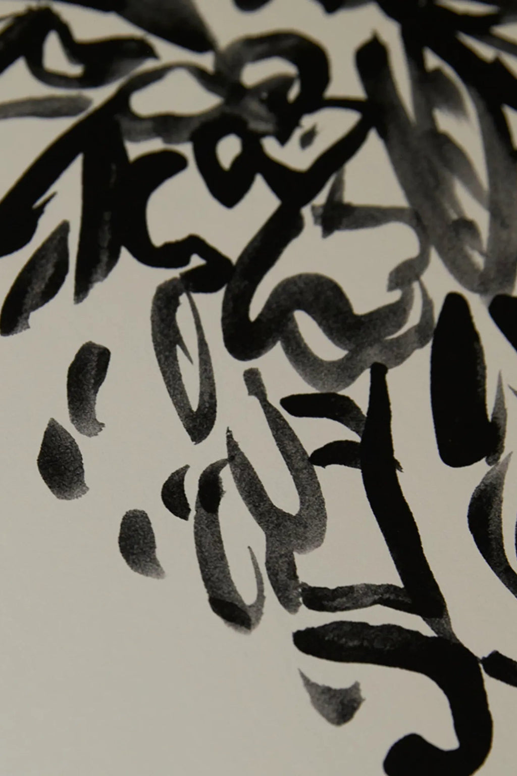 The Poster Club Condolences 04, a minimalist black abstract art print featuring fluid, gestural brushstrokes and organic shapes with varying ink opacity against a warm off-white background. This contemporary wall art piece evokes a sumi-e style, perfect for modern gallery walls or adding an organic touch to Scandinavian and japandi interiors.