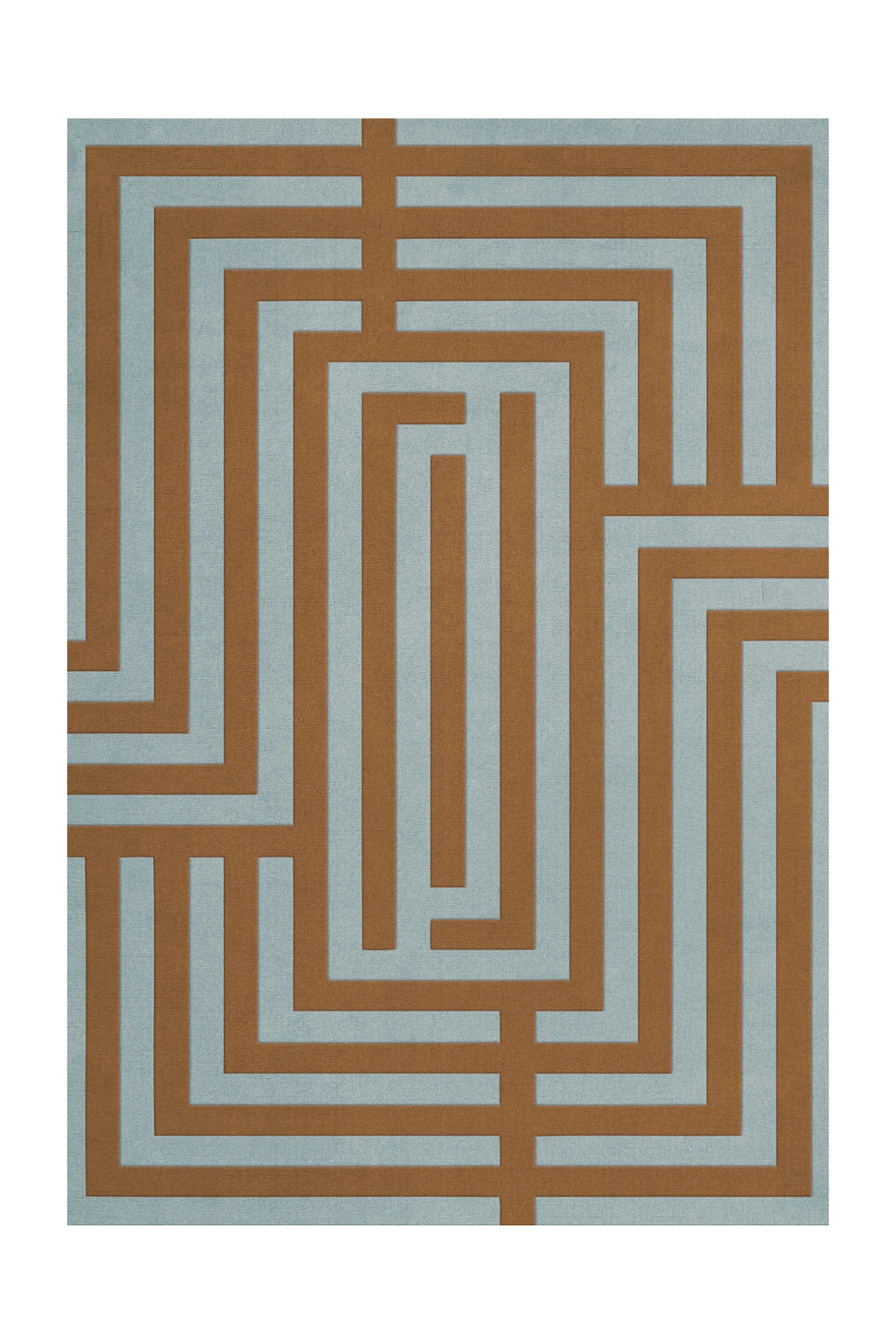 Layered Letters Wool Rug, a modern rectangular area rug featuring an abstract geometric maze pattern in soft brown and light blue tones. Perfect for adding a contemporary accent to living rooms or...