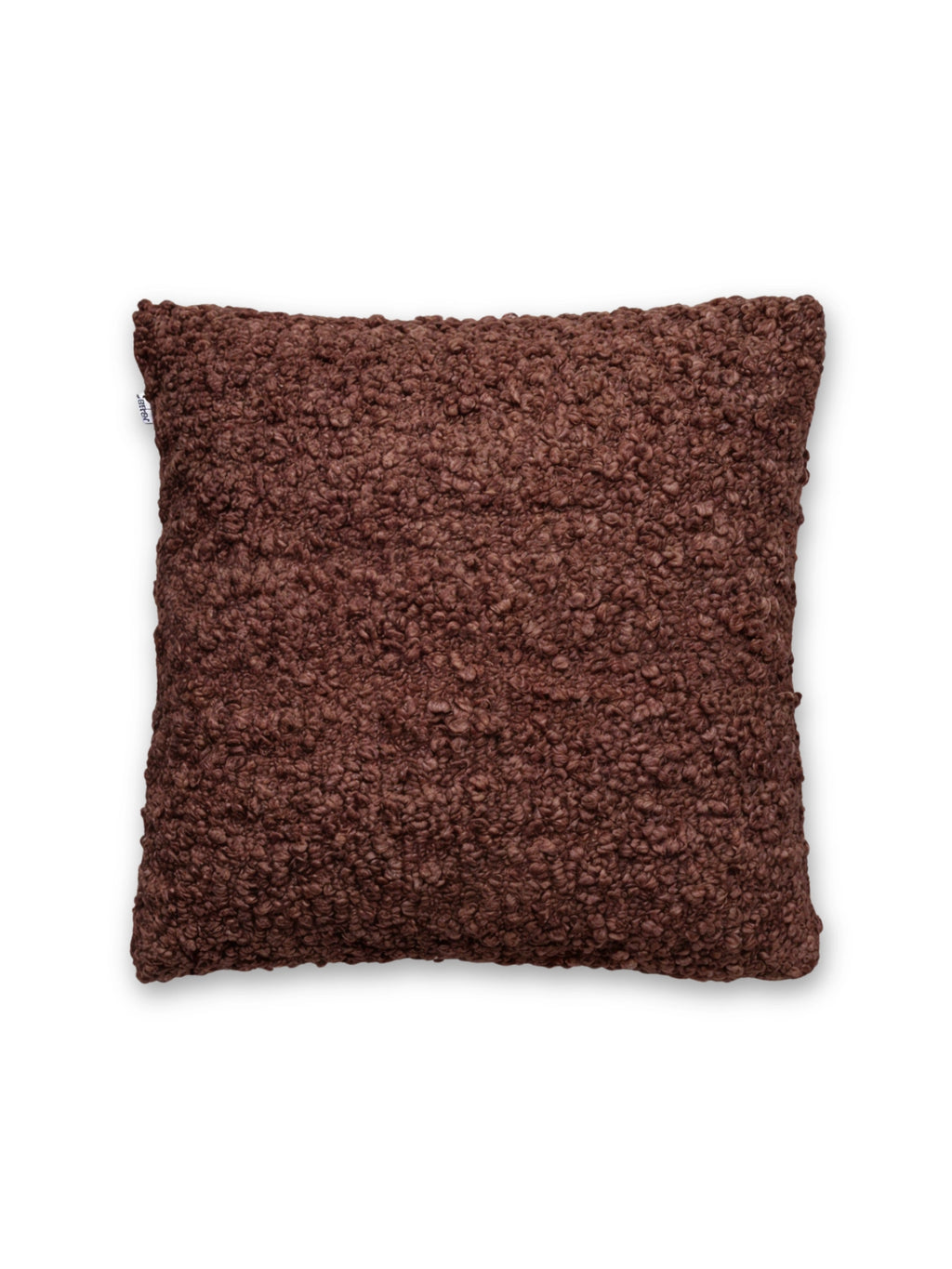 Tinted Objects Levantin Boucle Throw Pillow, a square, plush chocolate brown cushion with a rich, textured boucle fabric. This cozy decorative pillow is perfect for adding warmth and sophisticated style to any modern living room or bedroom decor.