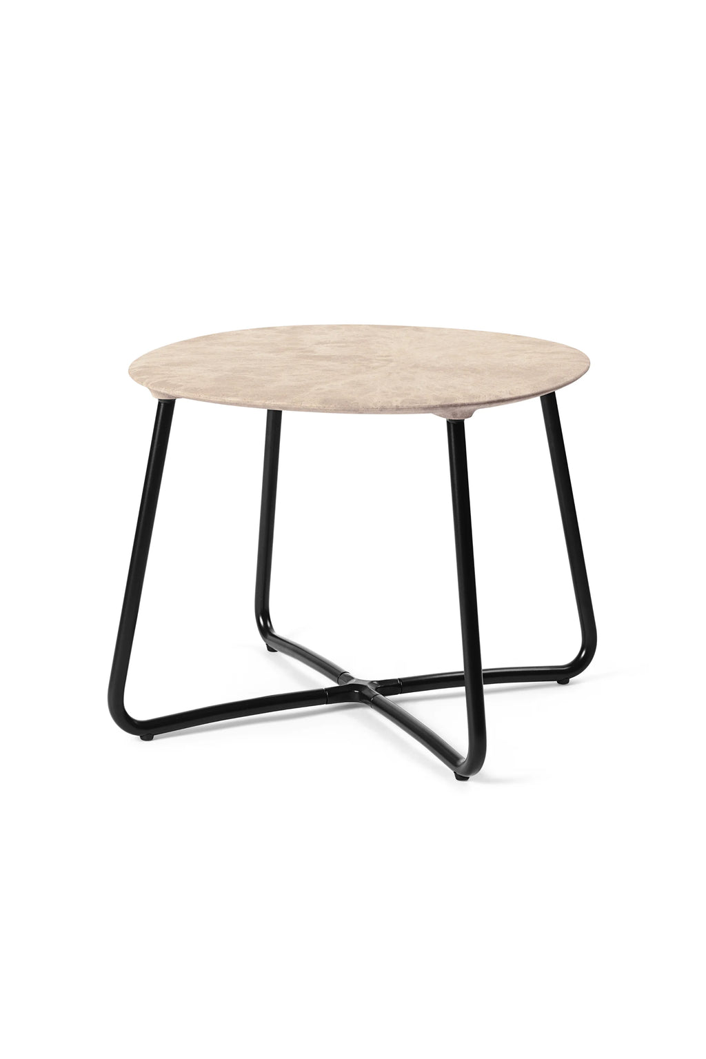 Mater Lily Side Table, a versatile round table featuring a light, creamy beige tabletop with a subtle, organic texture, supported by a sleek black metal frame with a distinctive X-shaped base. Displayed on a white background.