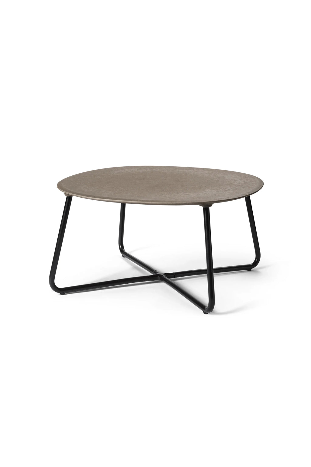 Mater Lily Coffee Table, a modern round coffee table with a sleek dark taupe tabletop and a minimalist black metal cross-base, displayed on a clean white background.