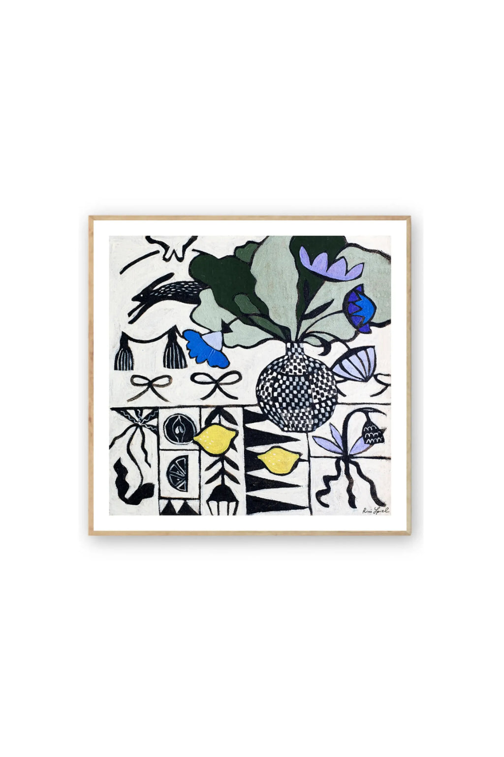 The Poster Club Lime - Art Print, a framed contemporary poster featuring abstract lemons, flowers, and checkerboard elements in black, white, yellow, and blue. This stylish art print is perfect for adding a modern touch to any living space or office, ideal for art enthusiasts seeking unique decor.