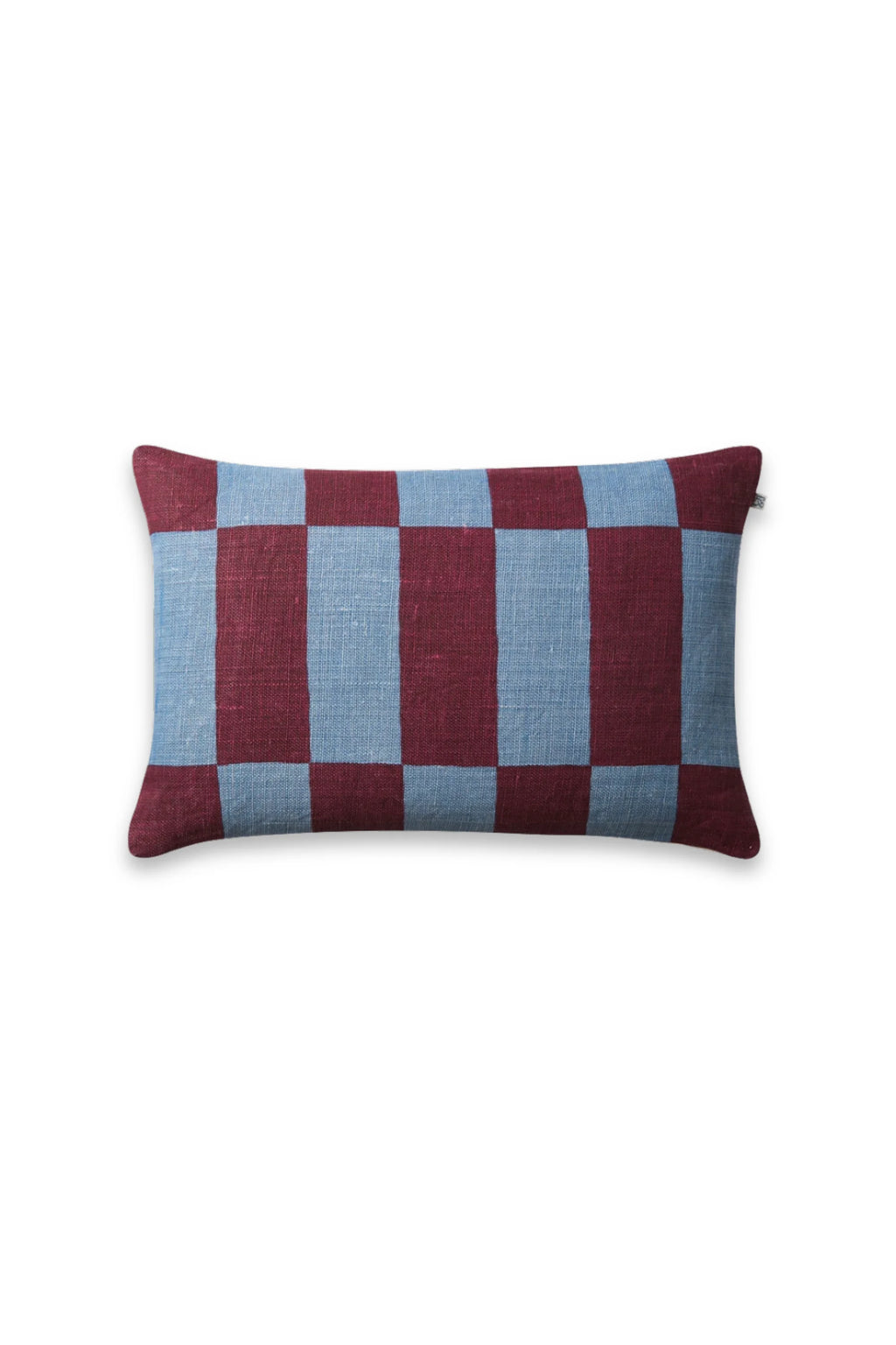 Chhatwal & Jonsson Samar Linen Throw Pillow, a rectangular decorative cushion showcasing a bold checkerboard pattern in rich burgundy and soft sky blue tones. Expertly crafted from hand-woven linen, it features a natural, rustic texture that adds depth. Ideal as a vibrant accent for boho living room sofas or contemporary bedroom decor.