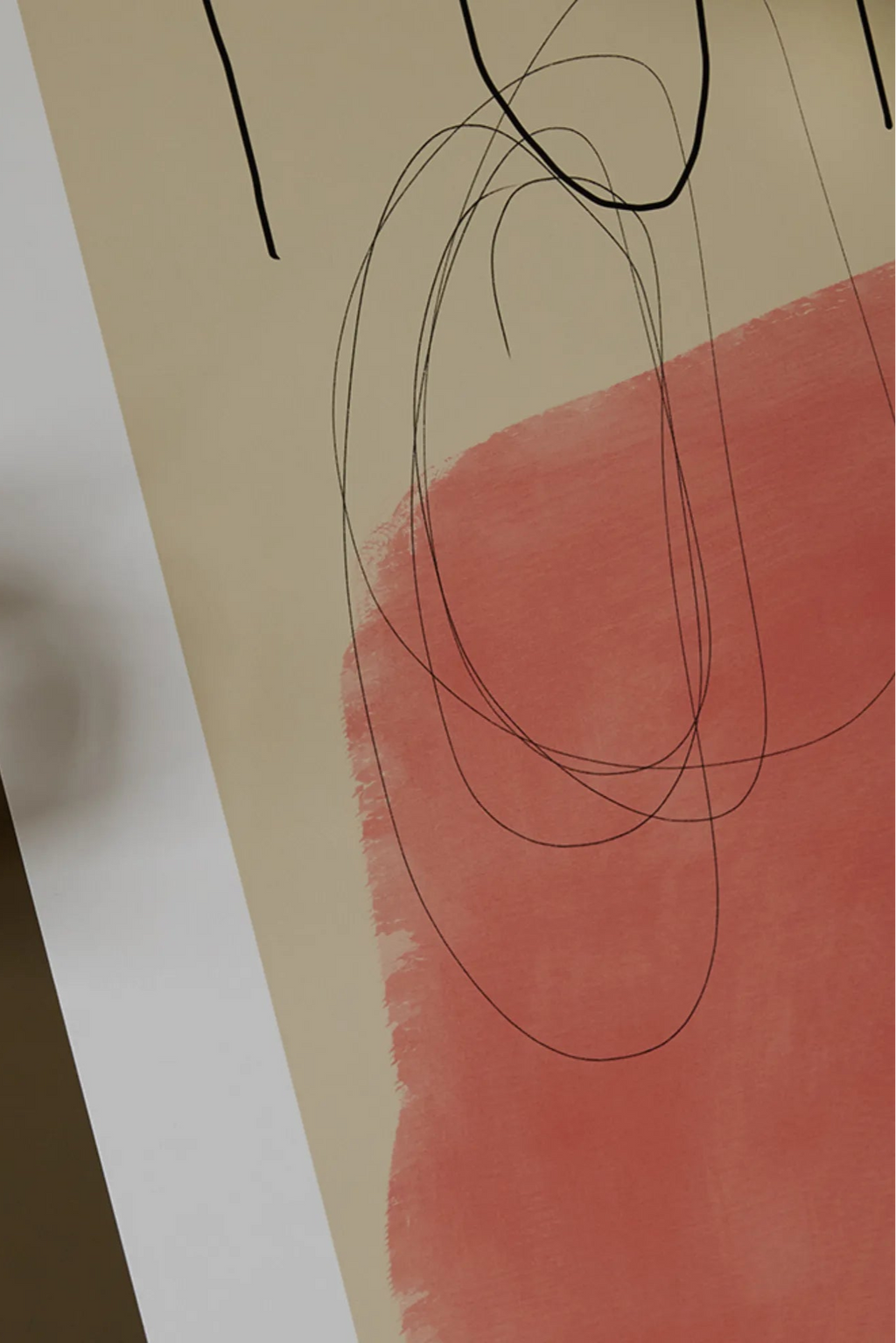 The Poster Club Potato Potato, an abstract art print featuring a warm beige background with a large, textured coral-pink brushstroke shape, overlaid with delicate black minimalist line art and flowing scribbles. This contemporary wall art is ideal for creating a focal point in modern living rooms, minimalist bedrooms, or stylish gallery walls.