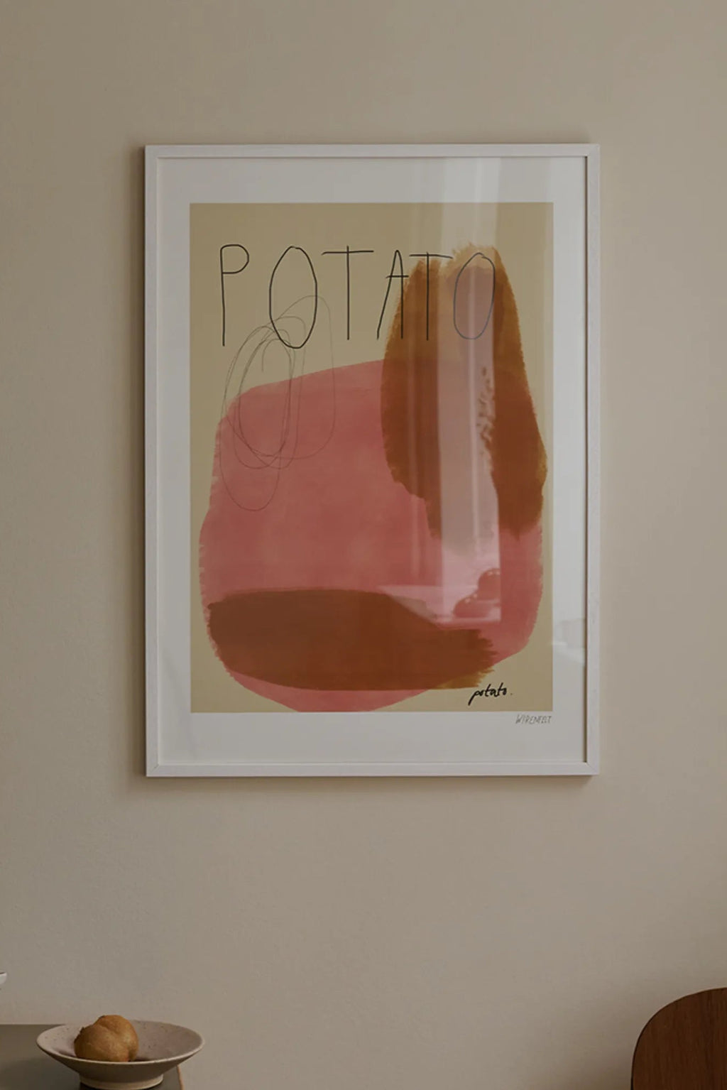 The Poster Club Potato Potato, a contemporary abstract art print on a beige background featuring bold, organic dusty pink and earthy brown brushstroke shapes, with hand-drawn black "POTATO" text.