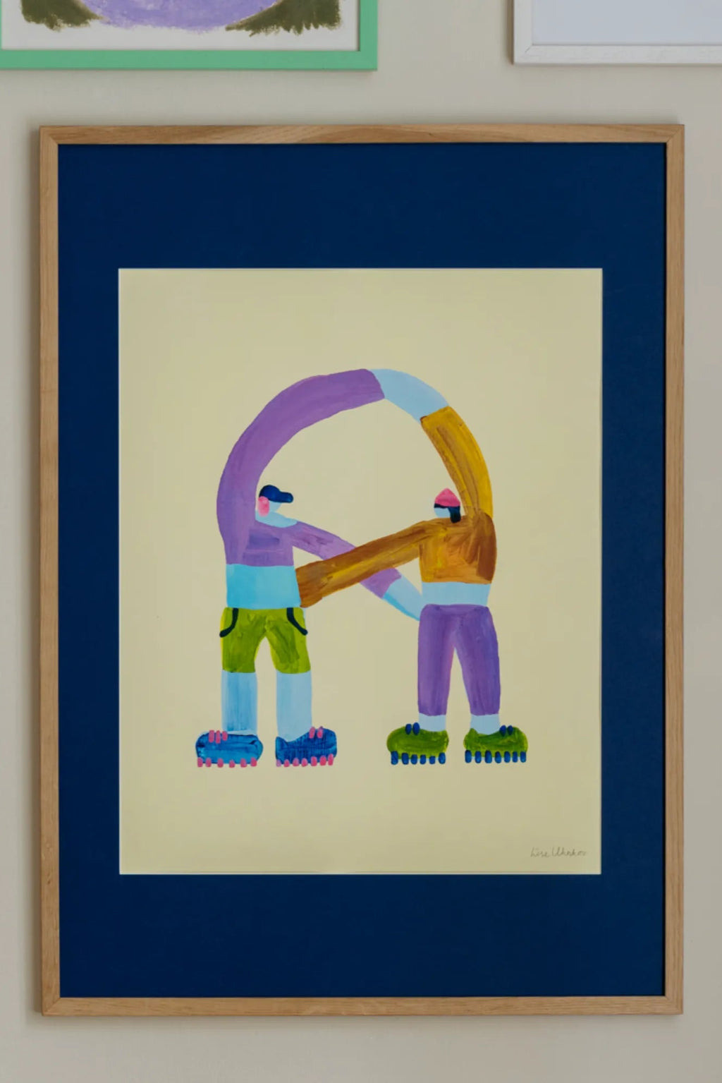 The Poster Club Crossroads, a vibrant and playful abstract art print featuring two stylized figures in roller skates, forming an 'A' shape with their arms, rendered in bold colors like purple, green, light blue, brown, and yellow against a light yellow background.