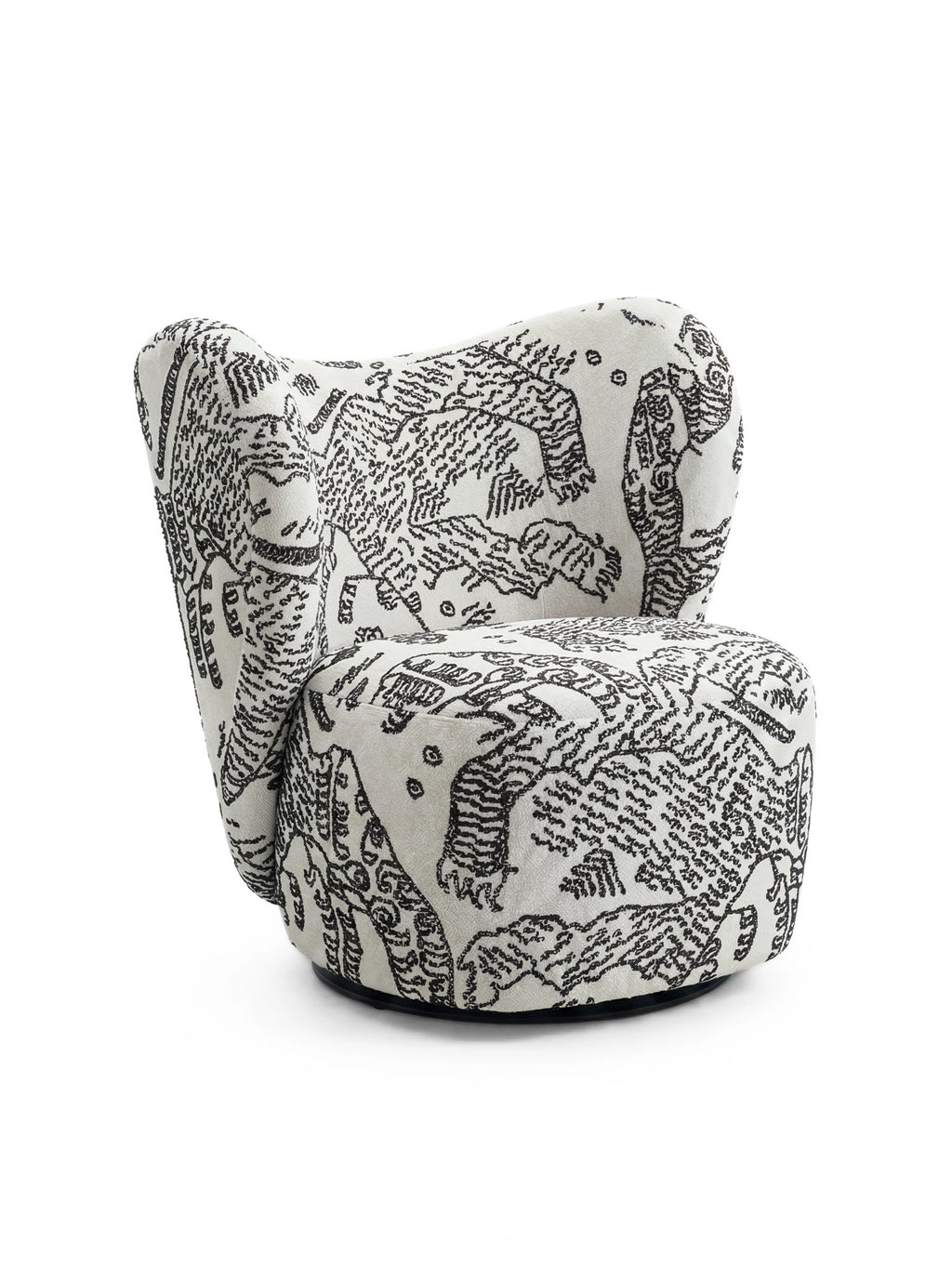 NORR11 Little Big Chair, a luxury armchair featuring a contemporary silhouette with an off-white textured fabric upholstered in a black abstract map pattern, displayed on a white background. Ideal for a chic living room.