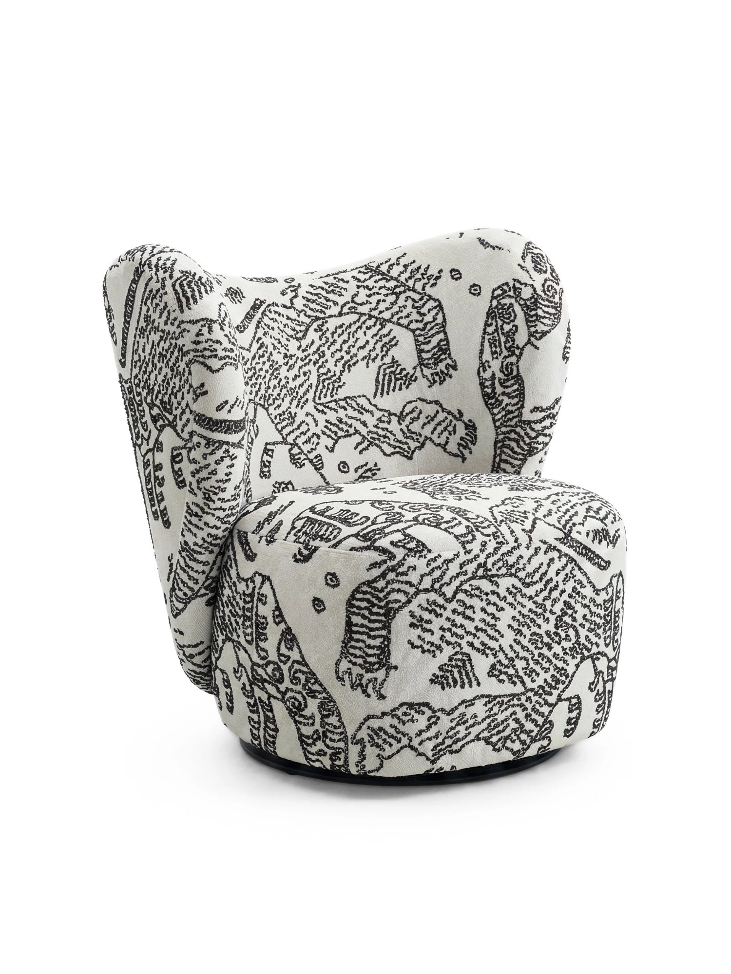 NORR11 Little Big Chair, a luxury armchair featuring a contemporary silhouette with an off-white textured fabric upholstered in a black abstract map pattern, displayed on a white background. Ideal for a chic living room.