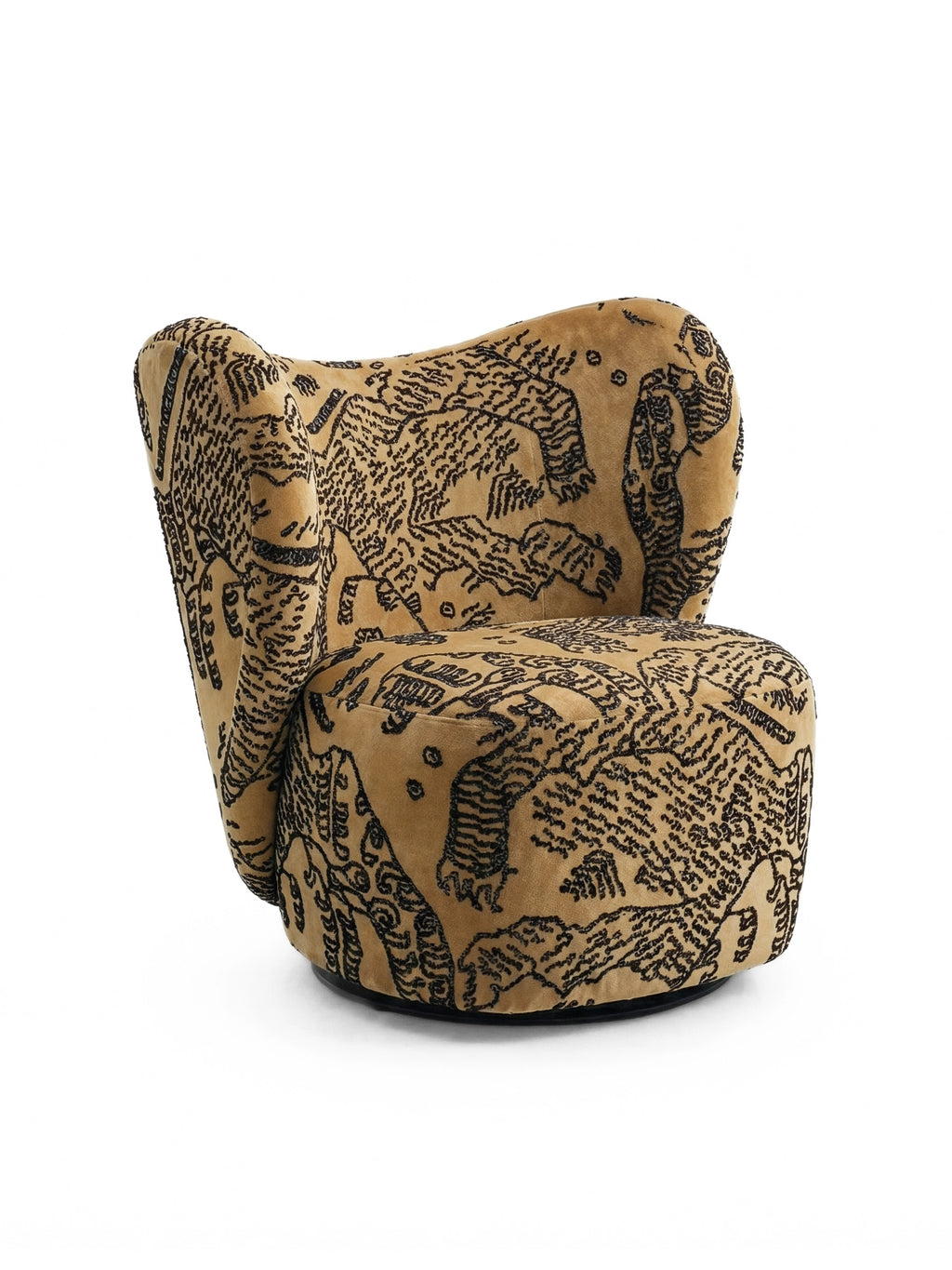 NORR11 Little Big Chair in tan velvet, featuring a unique black embossed texture, appearing as abstract map-like patterns. This premium upholstered armchair offers exceptional comfort.