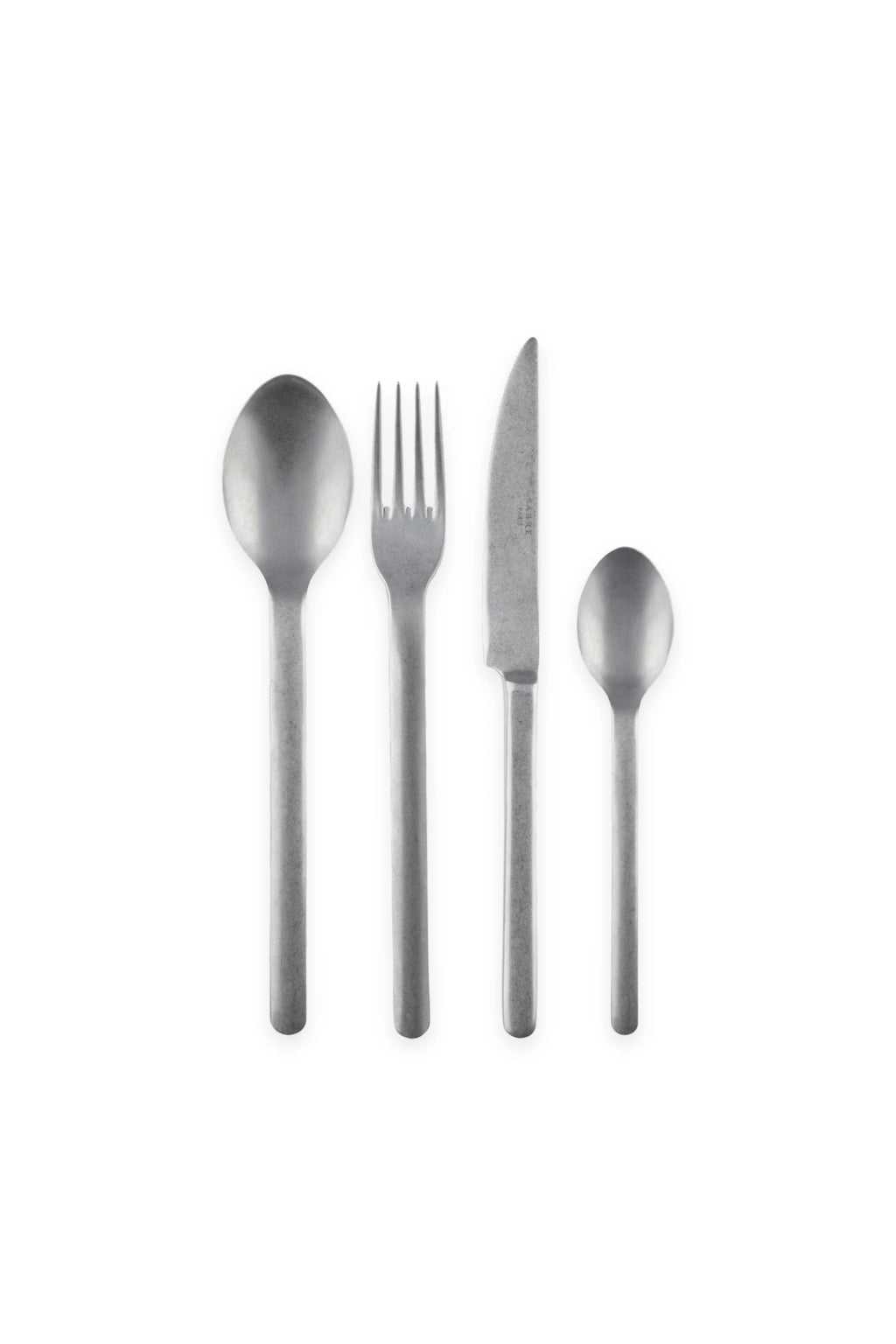 Sabre Paris Loft Vintage Cutlery Set, featuring durable stainless steel with a matte, antique-silver finish and a subtly distressed texture. This stylish 4-piece flatware set is ideal for contemporary dining and rustic kitchen aesthetics.