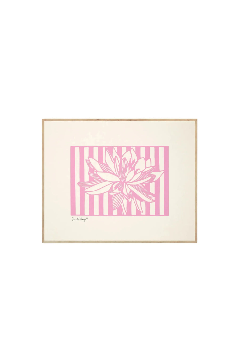 The Poster Club Lotus No 01 - Art Print, a stylish botanical poster featuring a white lotus flower illustration centered over a vibrant pink and white striped background, framed in light natural wood. This modern wall art is perfect for adding a touch of elegant floral design to any contemporary home or office space.