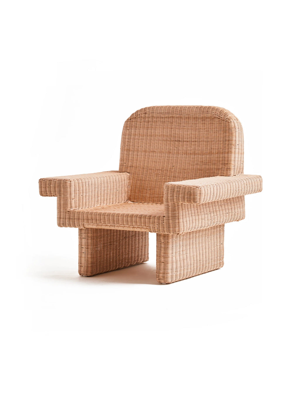 Heaps & Woods Louis Lounge Chair w/ Armrest, a natural woven rattan lounge chair featuring a chunky, geometric silhouette with a rounded high back and rectangular block armrests. This light tan rattan armchair showcases a distinctive postmodern 80s design with a textured woven finish. Perfect as a statement piece for a modern living room, coastal interior, or as a stylish accent chair for natural modern decor.