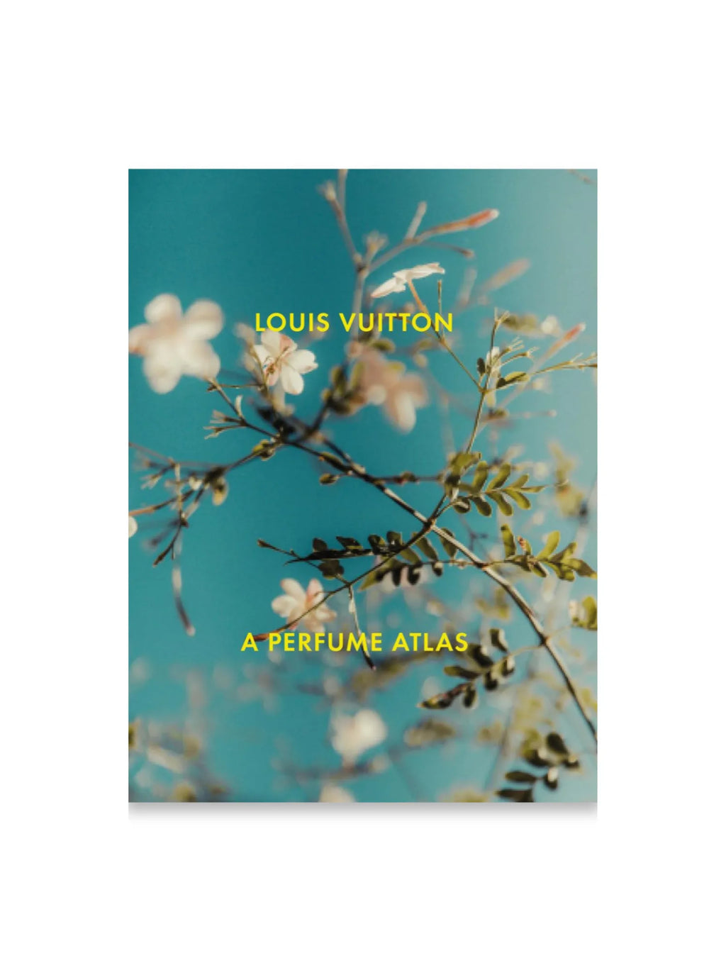 Book Louis Vuitton. The Perfume Atlas, featuring a vibrant turquoise background with delicate white and pink flowers and green leaves. This beautiful coffee table book is perfect for fragrance enthusiasts and luxury brand collectors.