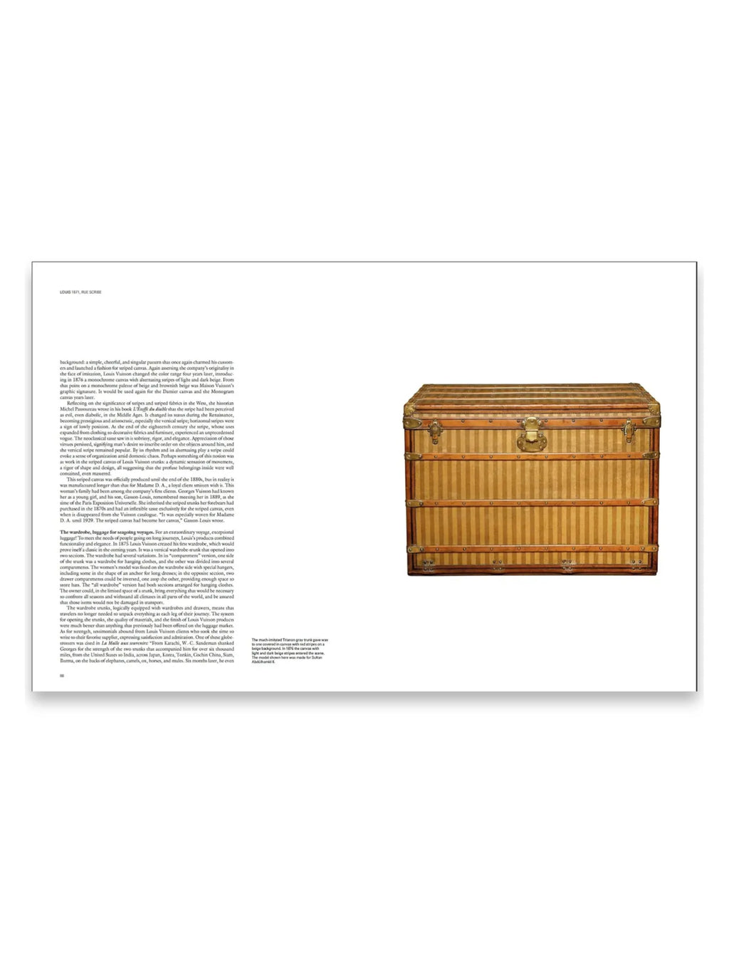 Book Louis Vuitton: The Birth of Modern Luxury, featuring a vintage Louis Vuitton trunk with light and dark beige striped canvas and rich brown leather trim, accented by brass hardware. This essential luxury fashion book is perfect for collectors, fashion historians, and enthusiasts of iconic brand heritage.