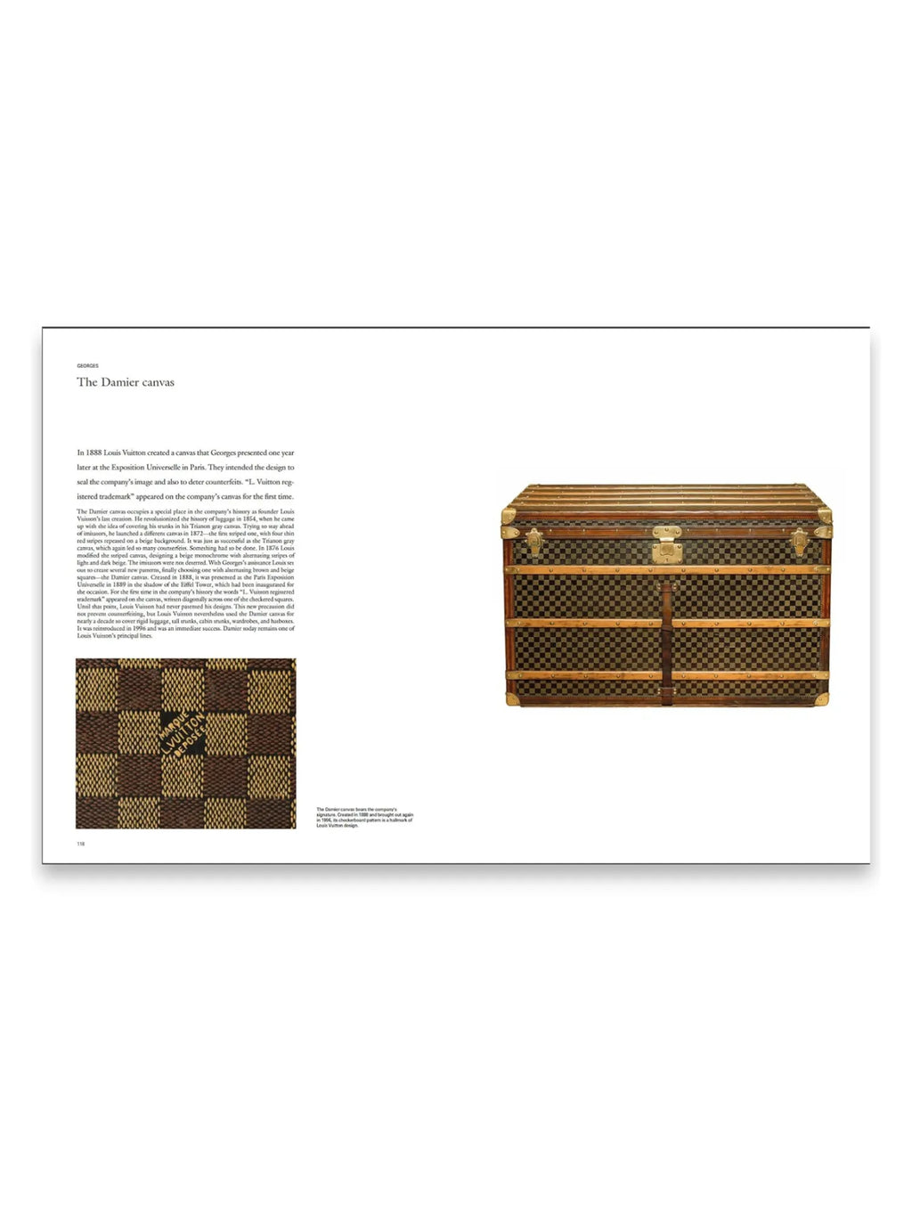Book Louis Vuitton: The Birth of Modern Luxury, an open hardcover book displaying a vintage Louis Vuitton Damier canvas trunk with brass hardware and a close-up of the iconic brown and beige checkered pattern with "L. Vuitton déposé" text. This luxurious coffee table book is perfect for fashion history enthusiasts and collectors of designer brand literature.