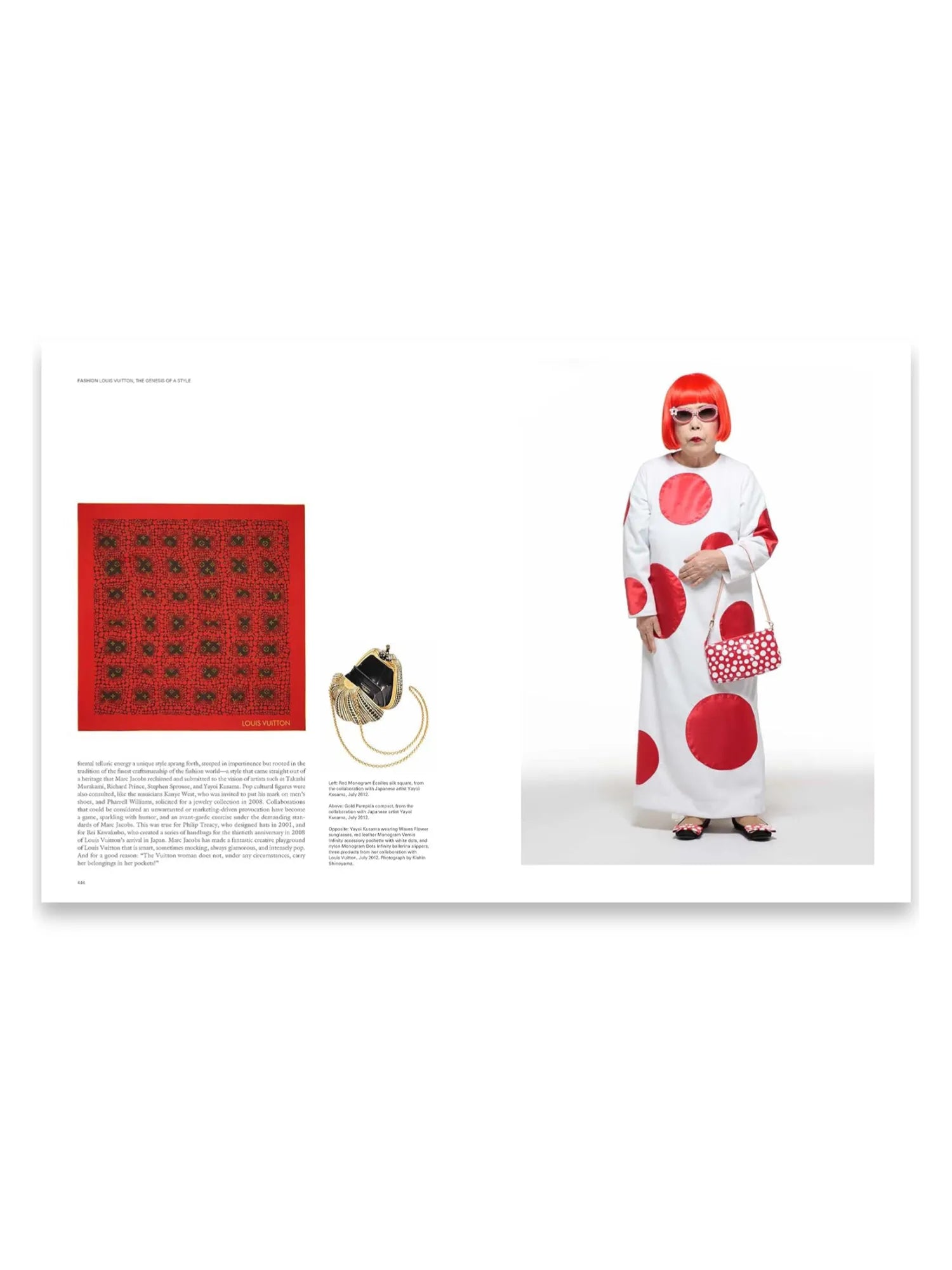 Book Louis Vuitton: The Birth of Modern Luxury, an open hardcover book displaying a vibrant red and black patterned silk square, a gold pumpkin-shaped compact, and a full-page photograph of artist Yayoi Kusama in a white and red polka dot dress. This luxury fashion book is perfect for art enthusiasts, fashion historians, and collectors of high-end design literature.