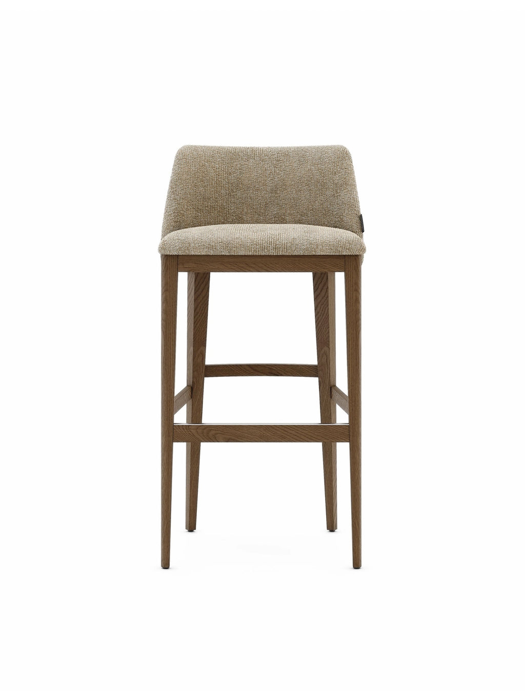 Domkapa Louise Bar Chair, a modern bar stool featuring a sturdy solid oak wood frame with elegantly tapered legs and integrated footrests. Its comfortable seat and backrest are upholstered in a textured beige fabric, offering a contemporary and organic feel. Perfect as a stylish kitchen island bar chair or for a chic dining counter in modern minimalist or Scandinavian interiors.