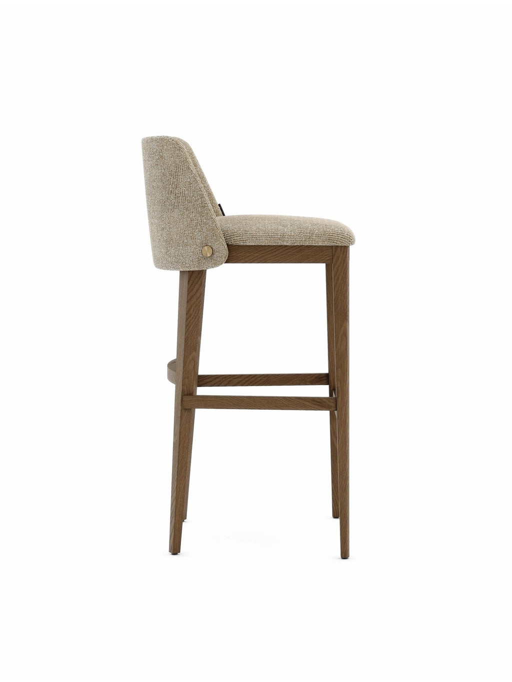 Domkapa Louise Bar Chair, a contemporary bar stool featuring a sturdy solid oak wood frame with elegantly tapered legs and a comfortable upholstered seat and curved backrest. The light beige textured fabric provides a soft, inviting feel, complemented by subtle brass hardware detailing on the backrest, adding a touch of refined elegance. This organic modern bar chair is perfect for sophisticated kitchen islands, home bars, or contemporary dining counters.