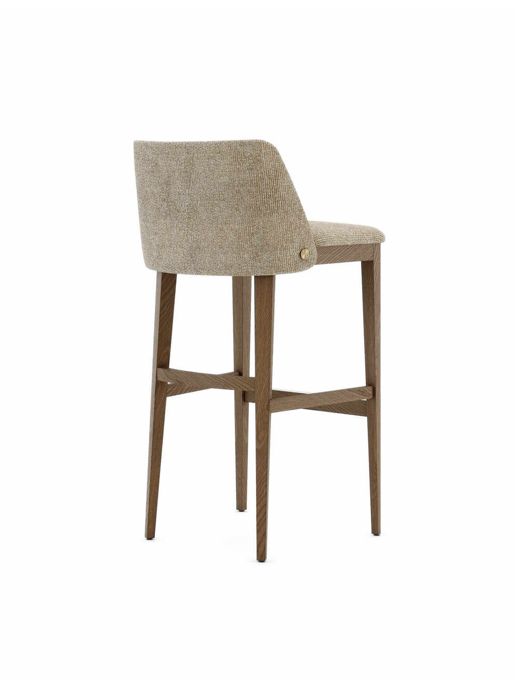 Domkapa Louise Bar Chair, a modern contemporary bar stool featuring a comfortable upholstered seat and gently curved backrest in a textured beige fabric with a subtle brass accent button. It stands on a solid natural wood frame with sleek tapered legs and an integrated footrest, offering a refined aesthetic. Perfect as stylish kitchen island seating or elegant home bar furniture in modern minimalist or Scandinavian interiors.