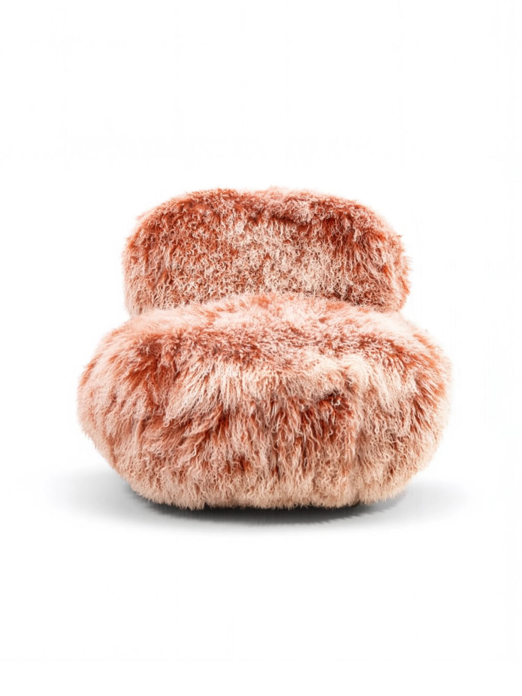 Hessentia Lullaby Armchair, an organic modern lounge chair featuring plush, shaggy terracotta faux fur upholstery with a soft, cloud-like texture. Its unique form consists of two rounded, stacked cushions, creating a cozy and inviting silhouette for ultimate comfort. Perfect as a statement accent chair for a contemporary living room or a luxurious bedroom reading nook.