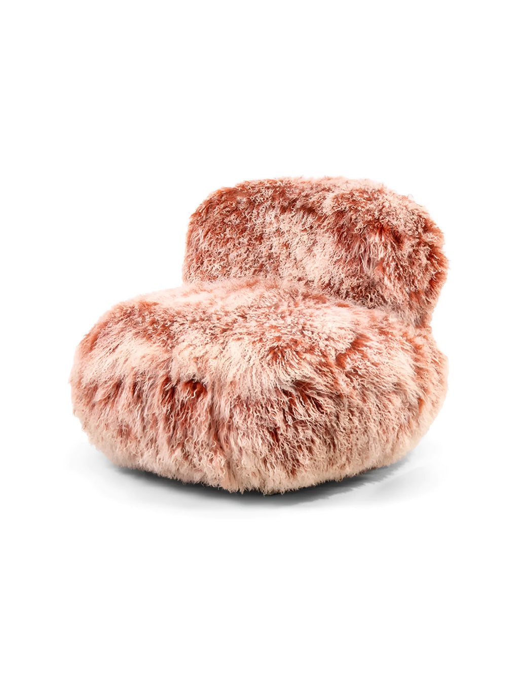 Hessentia Lullaby Armchair, a plush organic modern lounge chair upholstered in soft, shaggy dusty rose faux fur with a distinctive long-pile texture and rounded, cloud-like silhouette.