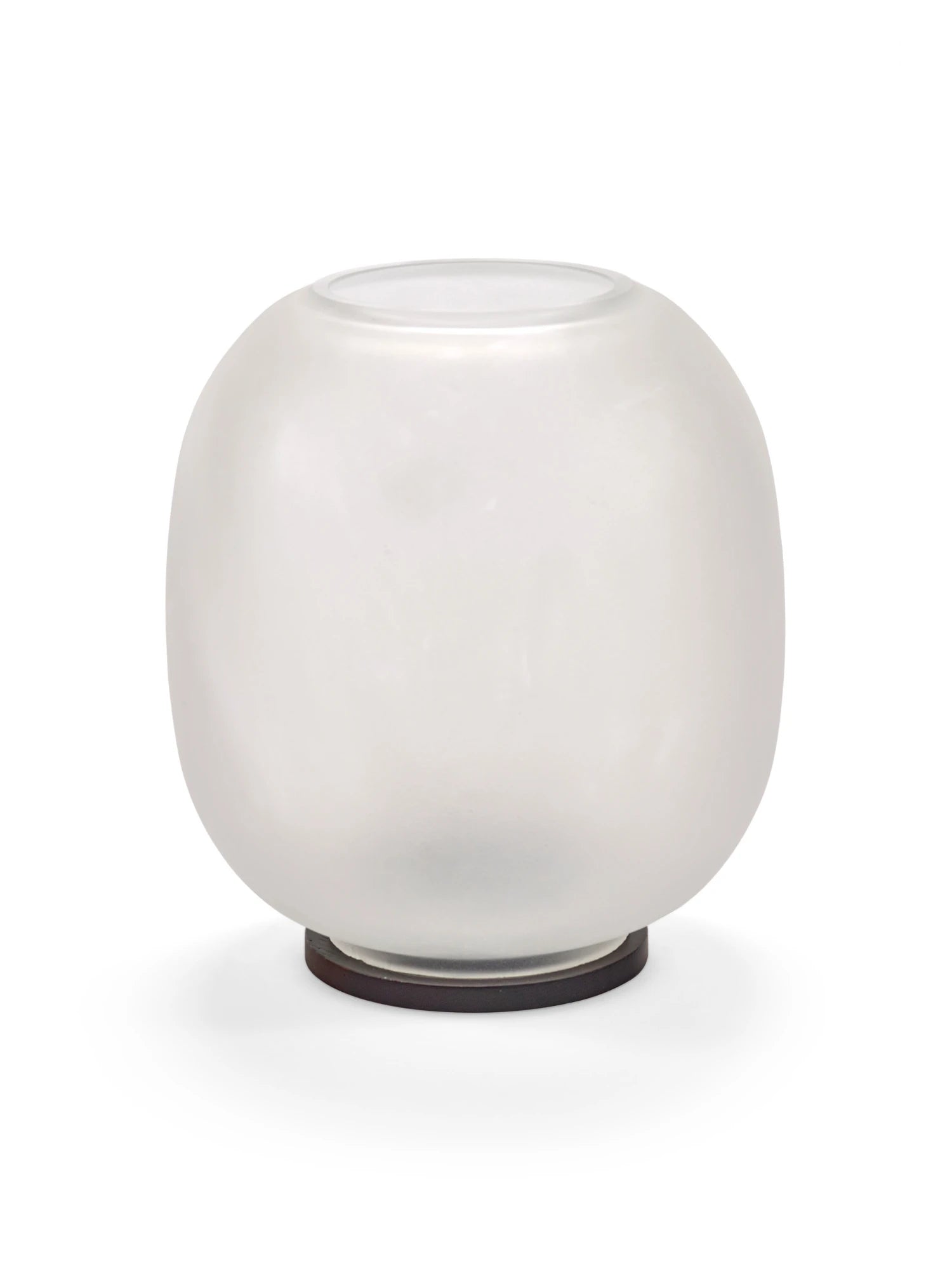 A front view of the Lumen Wind Light when unlit, showing its smooth, round, frosted, matte white glass globe with a circular opening at the top. It rests on a thin, dark circular base. The light is photographed on a clean white background.