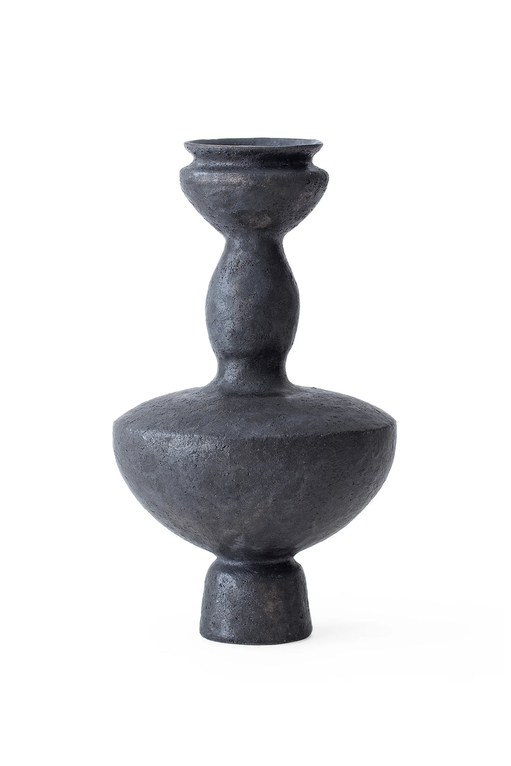 Canoa Lab Lutróforo Vase, a modern and sculptural black ceramic vase with a textured, matte finish, featuring a multi-tiered design with a wide base, a central bulb, and a narrow top, displayed on a clean white background.