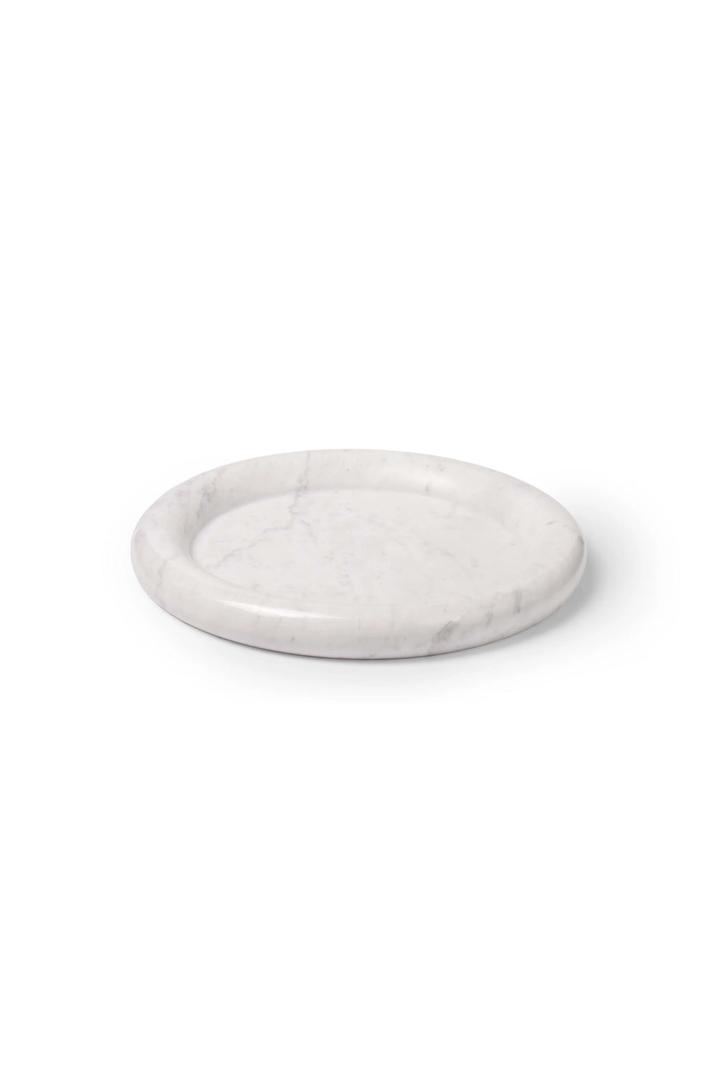 TAMO Luva Marble Tray, a round, genuine white marble tray with subtle grey veining and a raised fluted edge, studio shot. Perfect for elegant home decor.