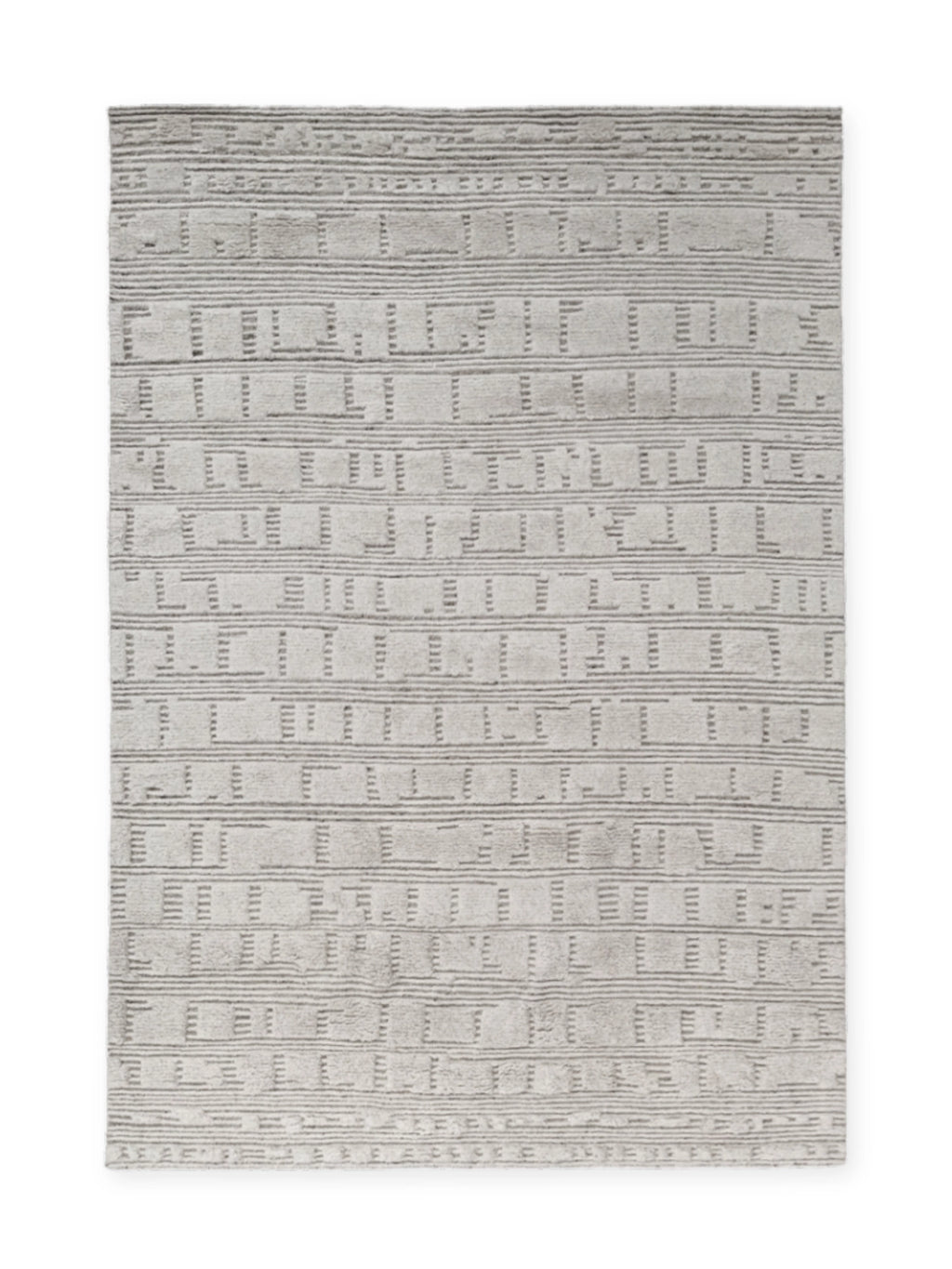 Tinted Objects Lydahl Handknotted Rug, featuring a modern abstract pattern in varying shades of light gray and greige, with textured raised lines creating a subtle geometric design. This premium handknotted rug adds sophisticated warmth and contemporary style to any living room, bedroom, or office space for those seeking elegant, durable floor coverings.