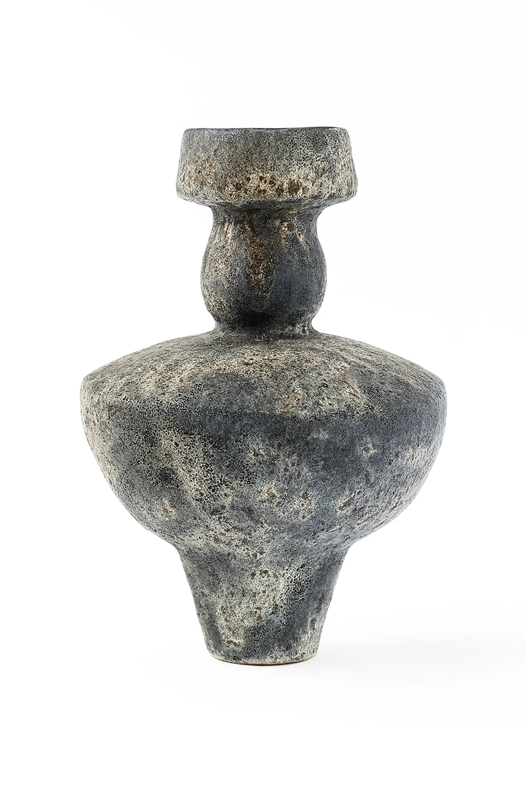 Canoa Lab Lydion Gecko Vase, a striking, dark grey and beige ceramic vase with a heavily textured, organic surface and a unique, stacked, sculptural form, displayed on a white background.