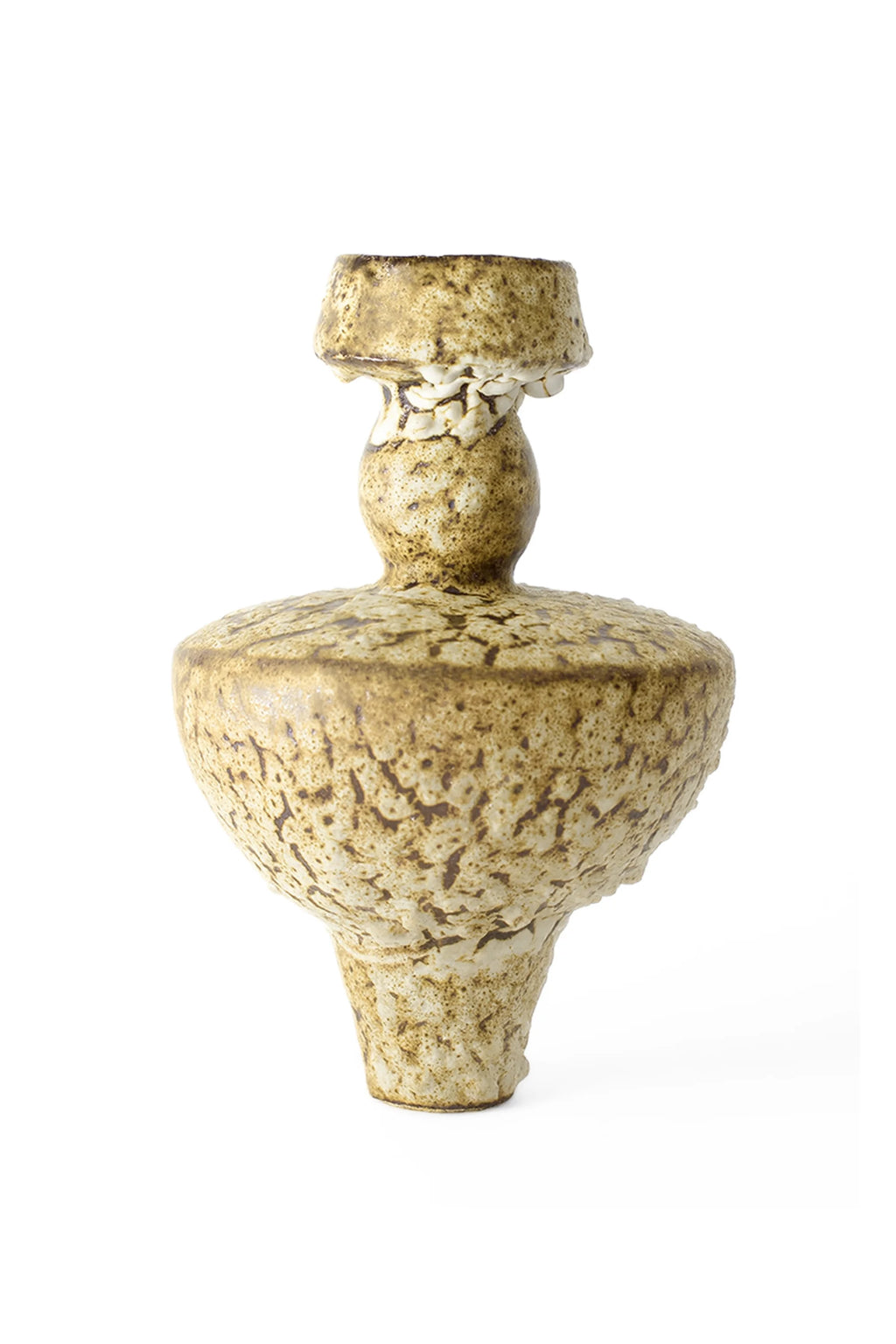 Canoa Lab Lydion Limonita Vase, a distinctive and textured brown ceramic vase with a rough, organic pattern, featuring a wide, inverted conical body and a narrow, tiered neck, displayed on a clean white background.