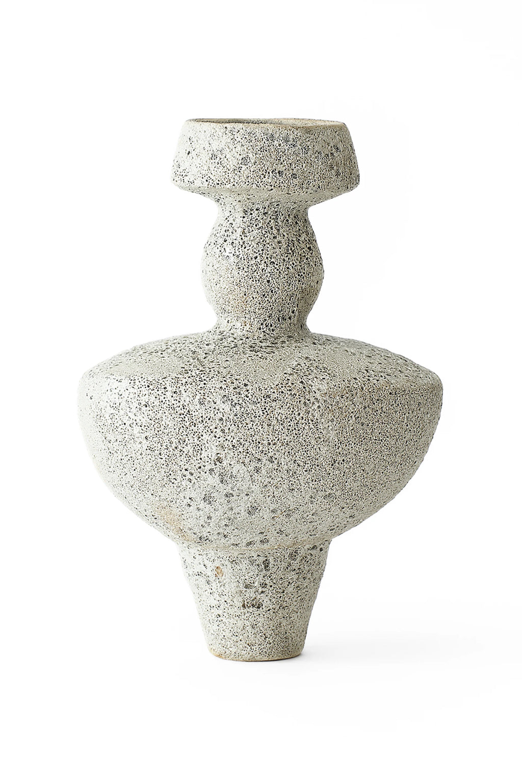 Canoa Lab Lydion Vase, featuring a unique hourglass shape with a bulbous middle and small opening, crafted from textured, off-white stoneware with a porous, volcanic rock-like finish. This stylish, modern vase is perfect for adding an artistic, minimalist touch to contemporary homes or offices.